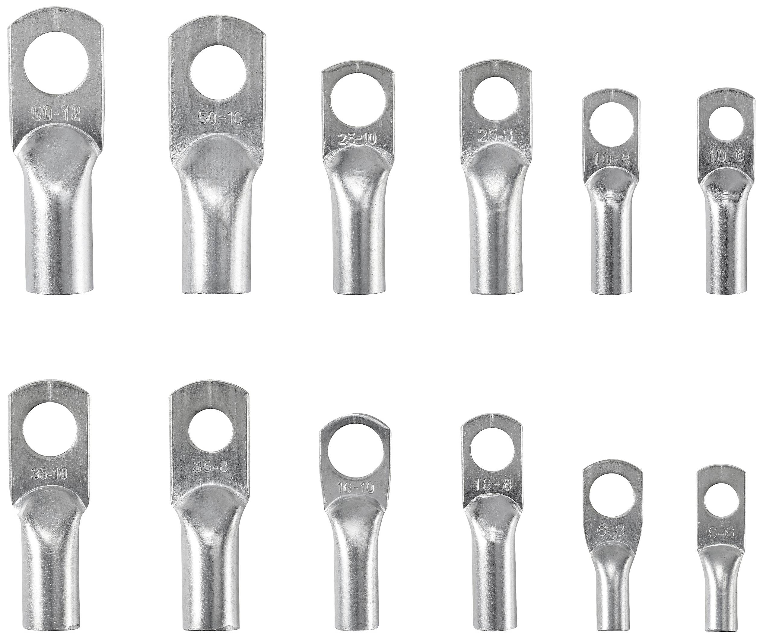 Elf unterschiedlich große Kabelschuhe aus Metall, in zwei Reihen nebeneinander angeordnet.