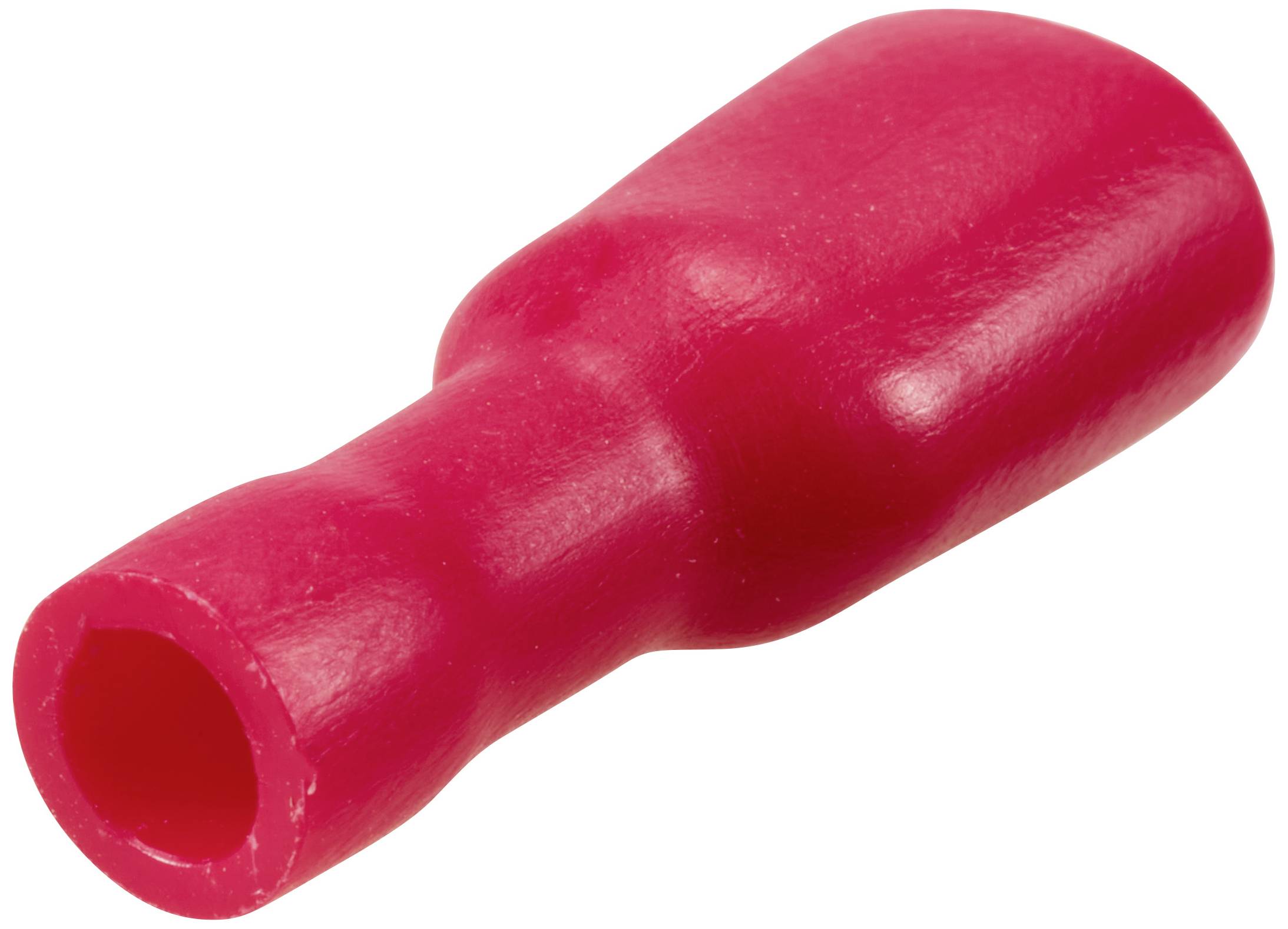 Ein roter, isolierter Kabelstecker, zylindrische Form, verwendet für elektrische Verbindungen, isoliert Drähte.