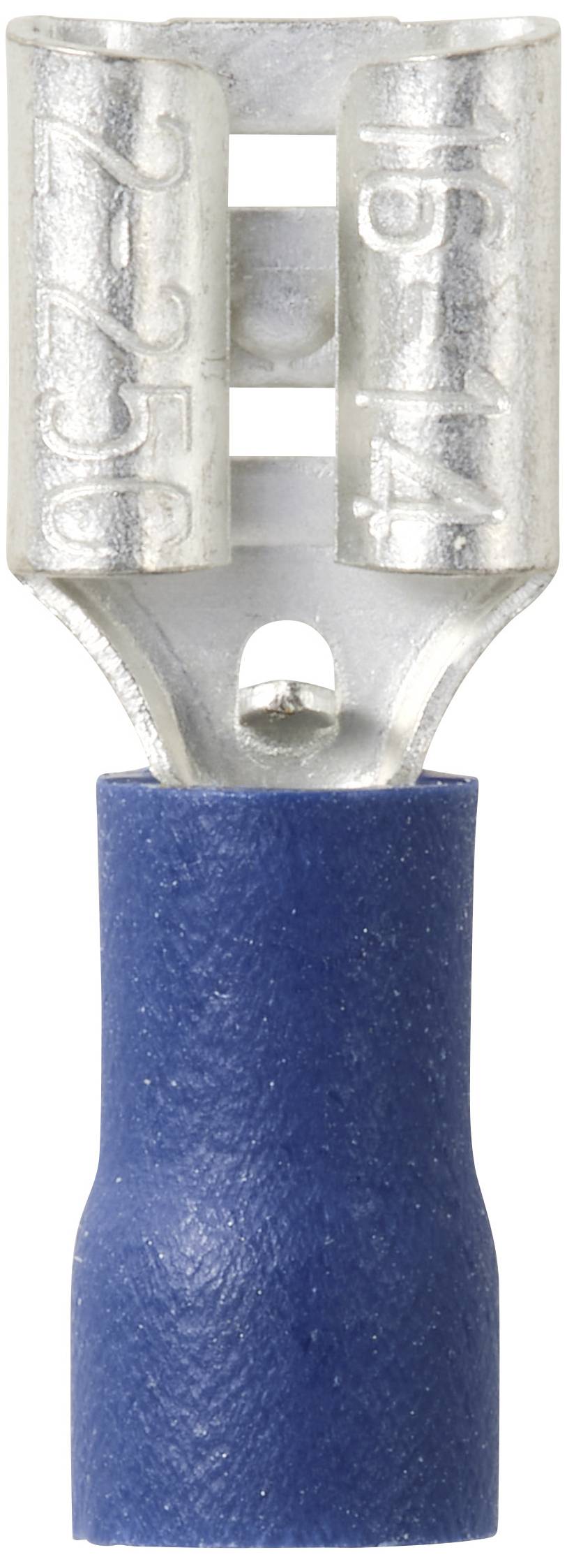 Elektrische Steckverbindung mit blauer Kunststoffisolierung und Metallkontakte, verwendet zum sicheren Anschließen von Kabeln.