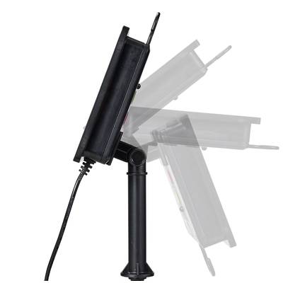 Der LED-Strahler mit verstellbarem Arm zeigt seine Neigungsmöglichkeiten. Er ist an einem Ständer befestigt und hat ein Netzkabel.
