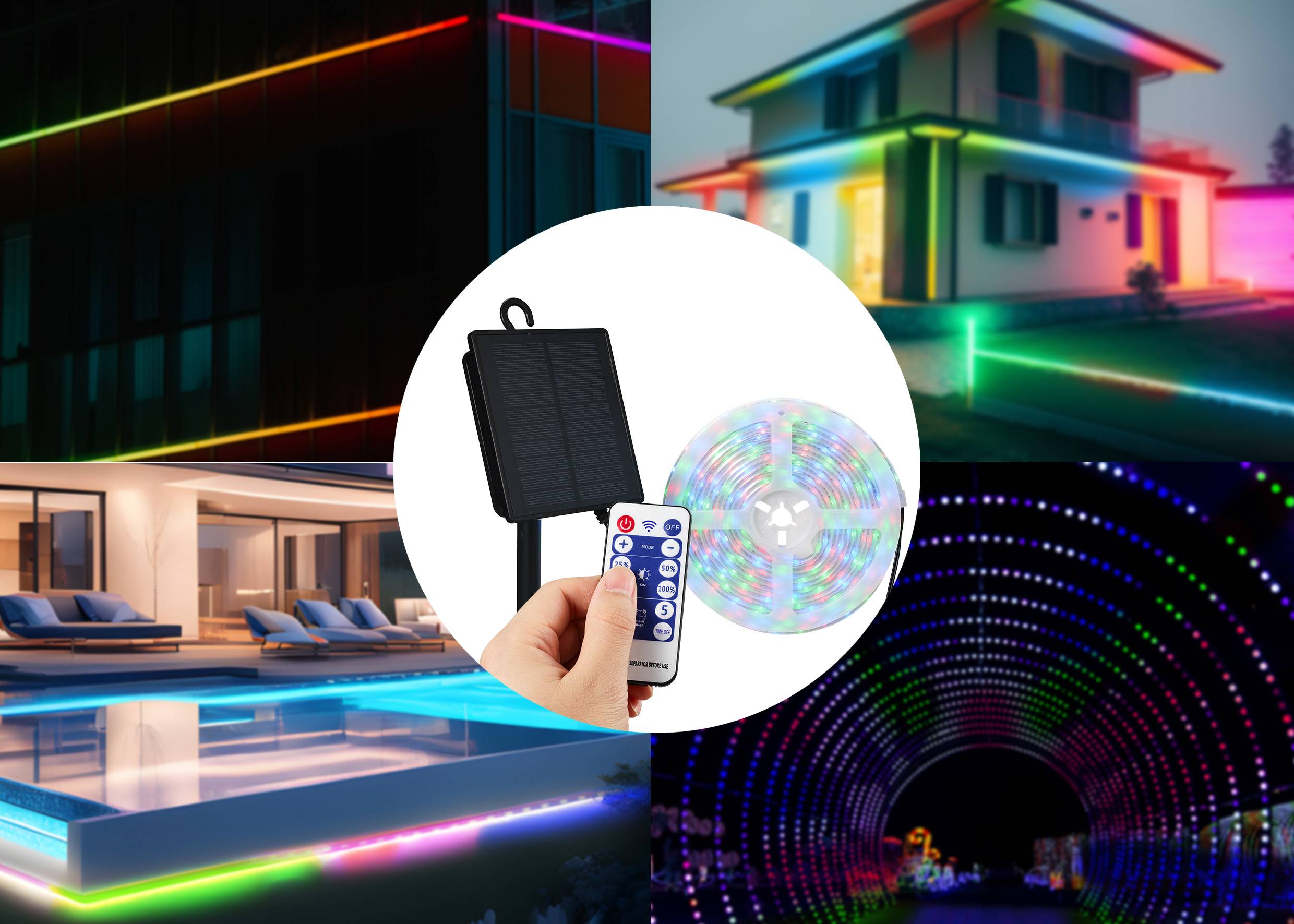 Fernbedienbare LED-Lichtstreifen schmücken ein Haus und einen Garten nachts, schaffen eine bunte, dekorative Beleuchtung.