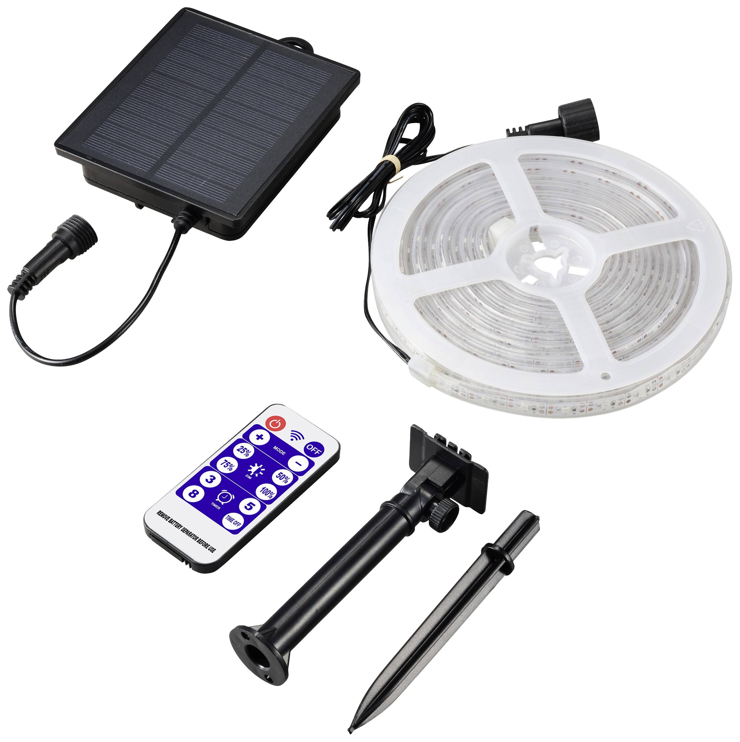 'Solarbetriebene LED-Lichterkette' mit Solarpanel, Fernbedienung und Bodenpfählen zur Außenbeleuchtung.