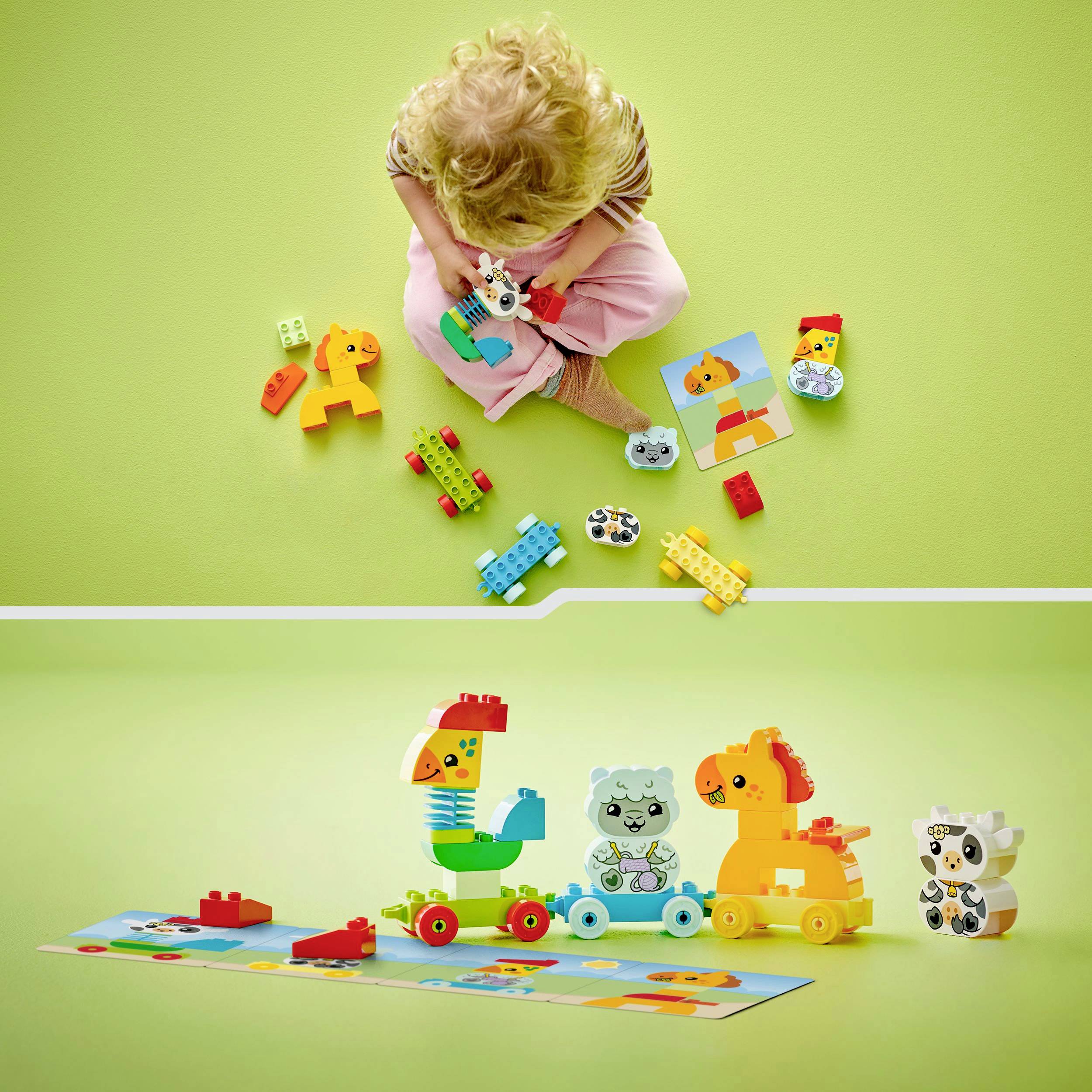 Kleinkind spielt mit buntem Spielzeug aus großen Bausteinen und Tierfiguren auf grünem Boden. Set zeigt Zug mit Tieren.