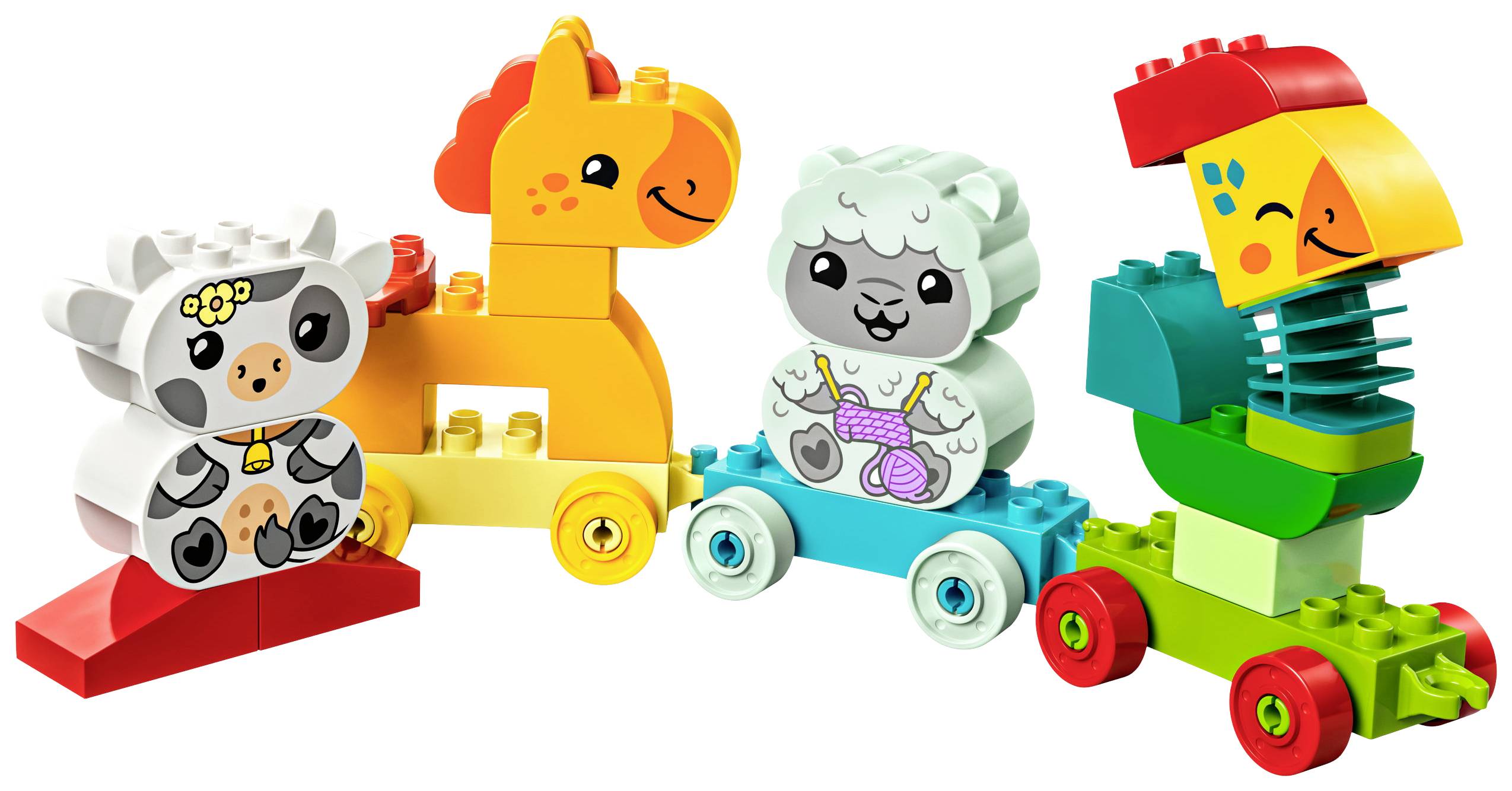 Drei bunte Bausteinfahrzeuge in Tierform: Kuh, Schaf und Papagei. Jedes Fahrzeug hat Räder und fröhlich gestaltete Gesichter.