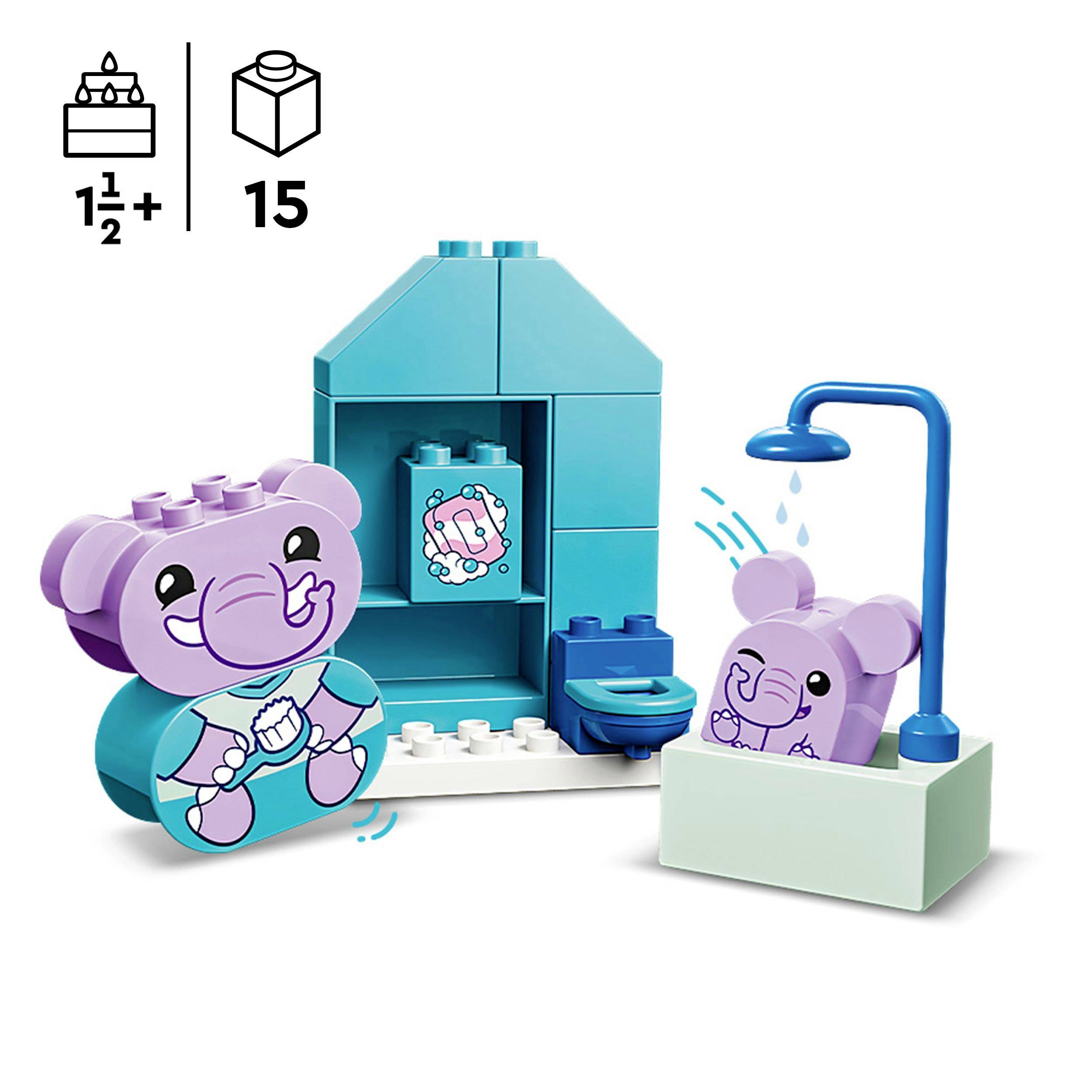 Ein LEGO-Set für Kleinkinder ab 1,5 Jahren. Enthält 15 Teile, darunter einen lilafarbenen Elefanten und eine blaue Dusche in einem einfachen Format.