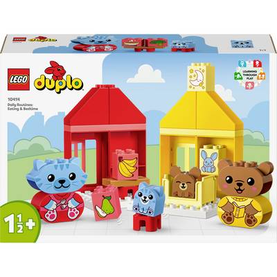 LEGO DUPLO Set 'Tägliche Routinen' mit roten und gelben Gebäuden, Tieren und Figuren. Altersangabe 1½+ Jahre. Fördert Rollenspiel und Lernen.