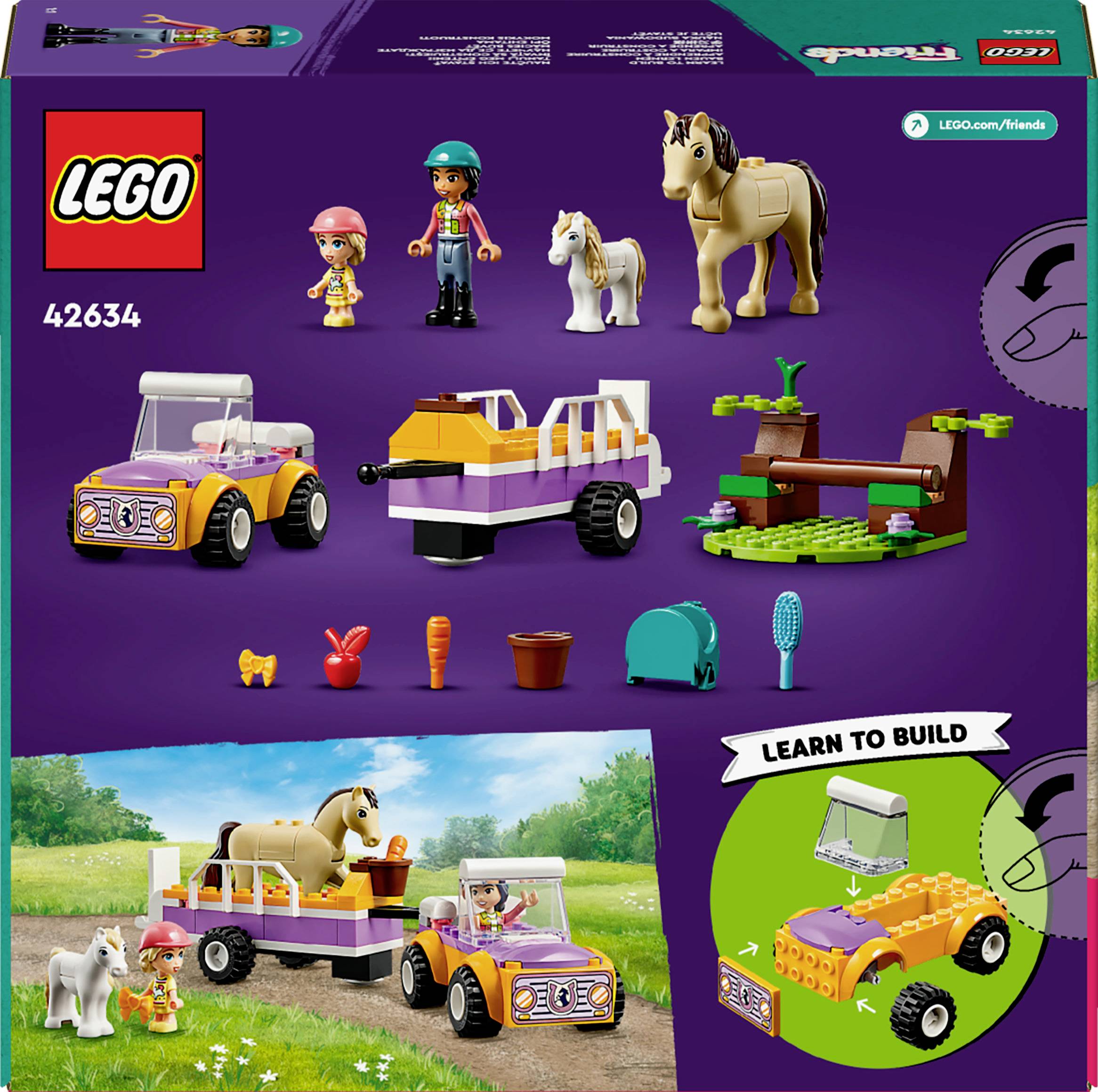 LEGO-Set für Kinder, zeigt einen Mädchen- und Jungen-Spielcharakter mit Helm, Jeep mit Anhänger, Hund und Pferd auf lila Hintergrund.