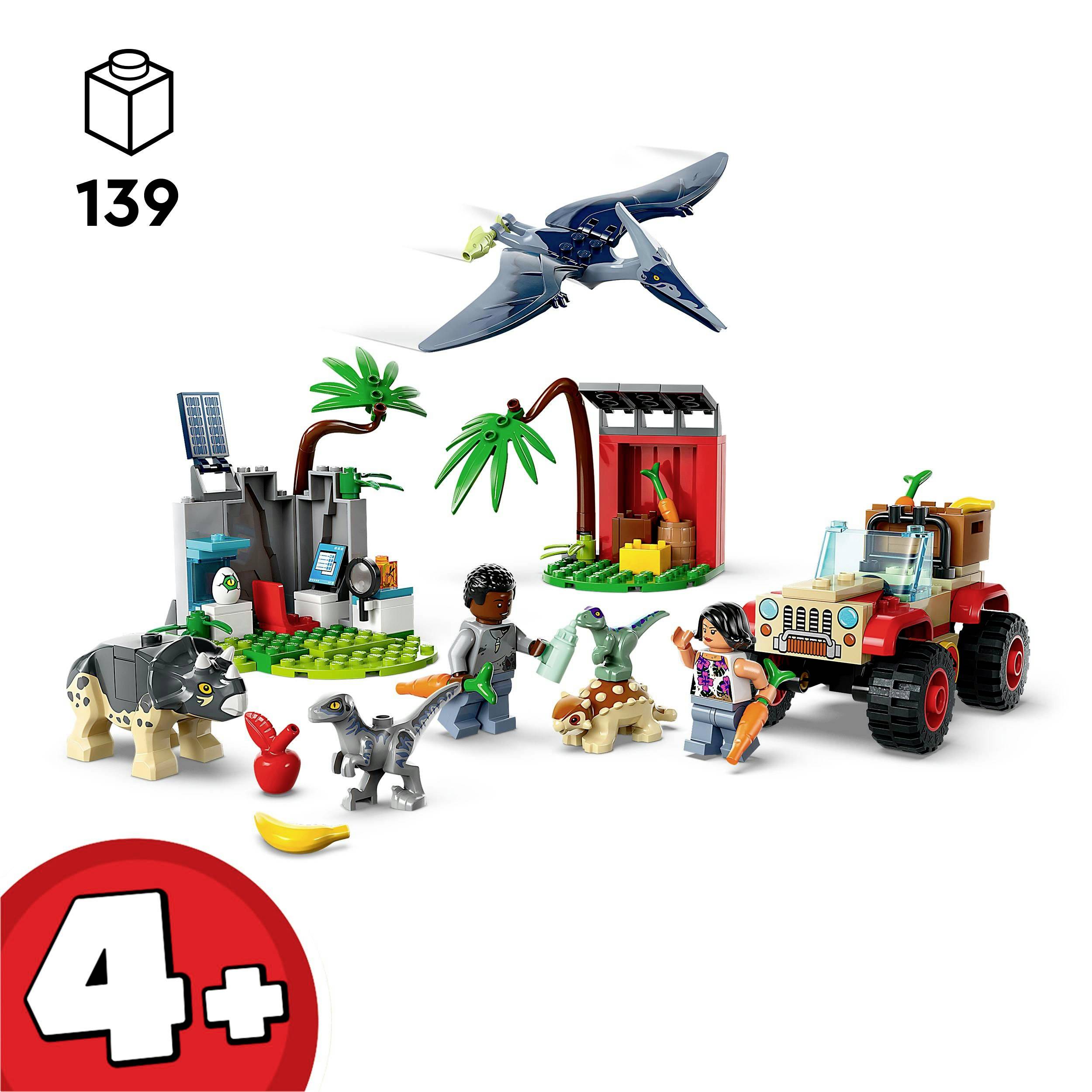 LEGO-Set mit Dinosaurier-Thema. Enthält Figuren von Dinosauriern, Pflanzen, Jeep und zwei Personen. Ab 4 Jahren geeignet.