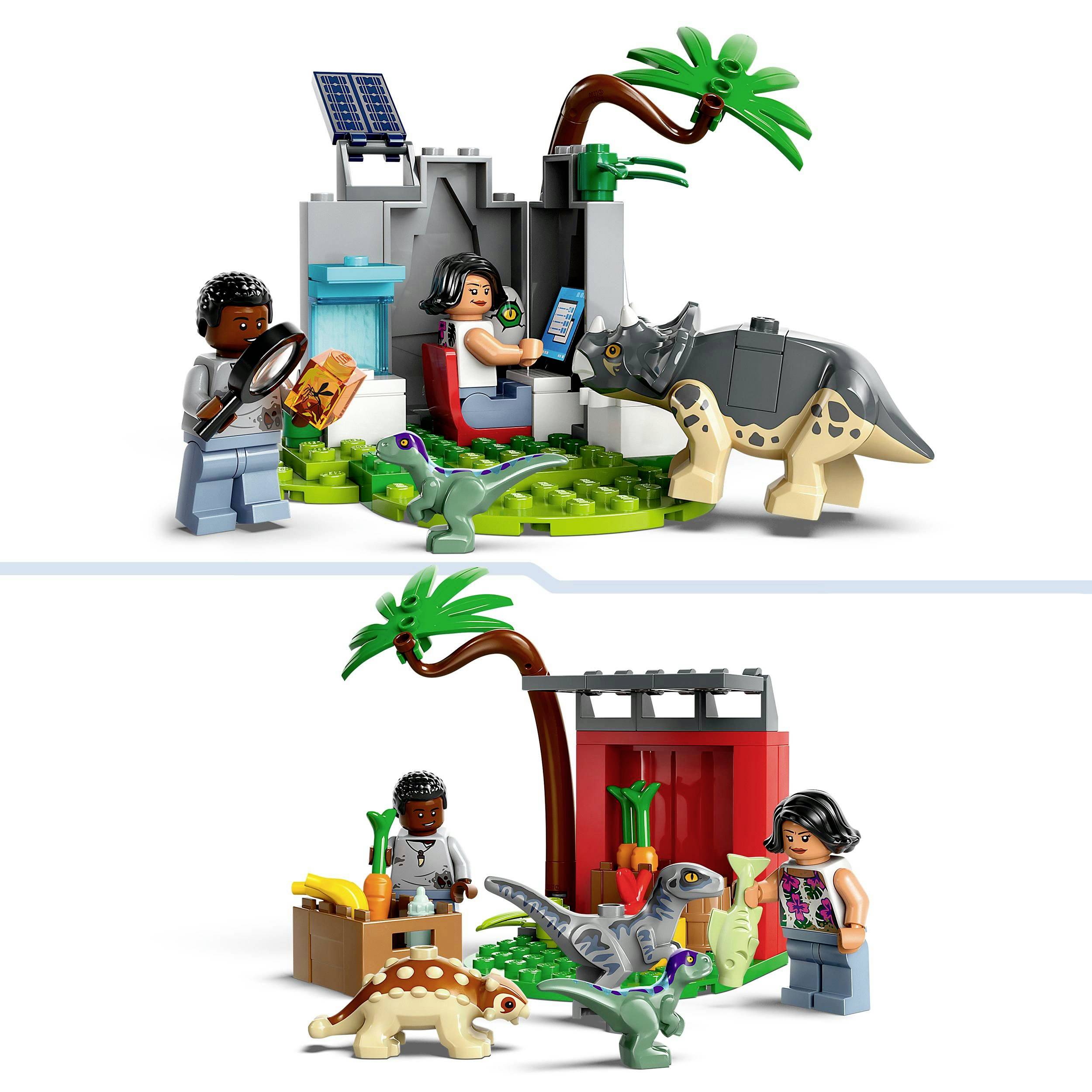 Zwei LEGO Dinosaurier-Szenen: Ein Mädchen mit Laptop und ein Junge mit Lupe erkunden Dinosaurier und Pflanzen. Hintergrund: eine Burg und Pflanzen.