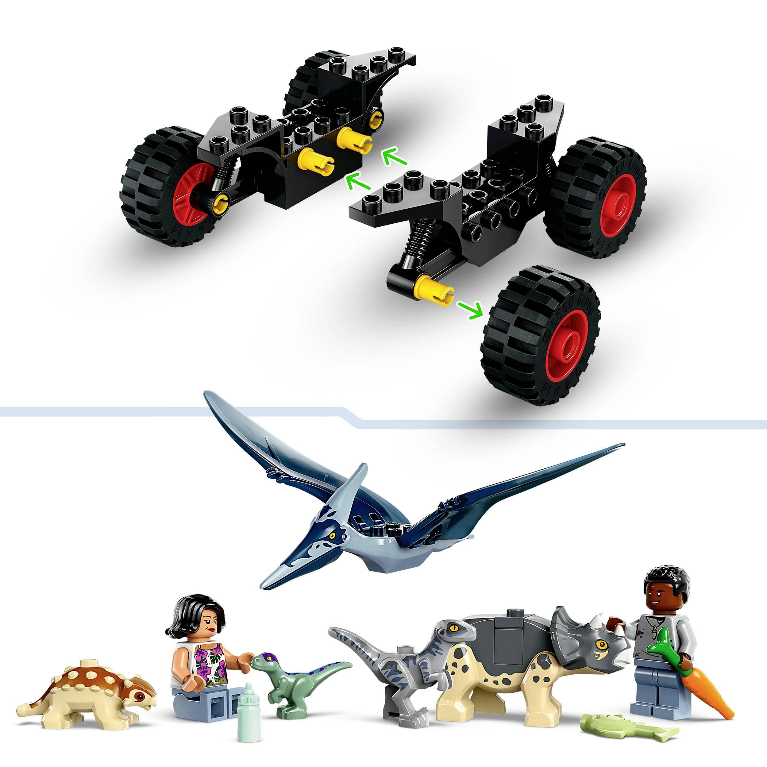 LEGO-Sets für Kinder: Oben zwei Fahrzeug-Chassis, unten Tiere und Figuren, darunter Dinosaurier, Mensch und Pterosaurier.