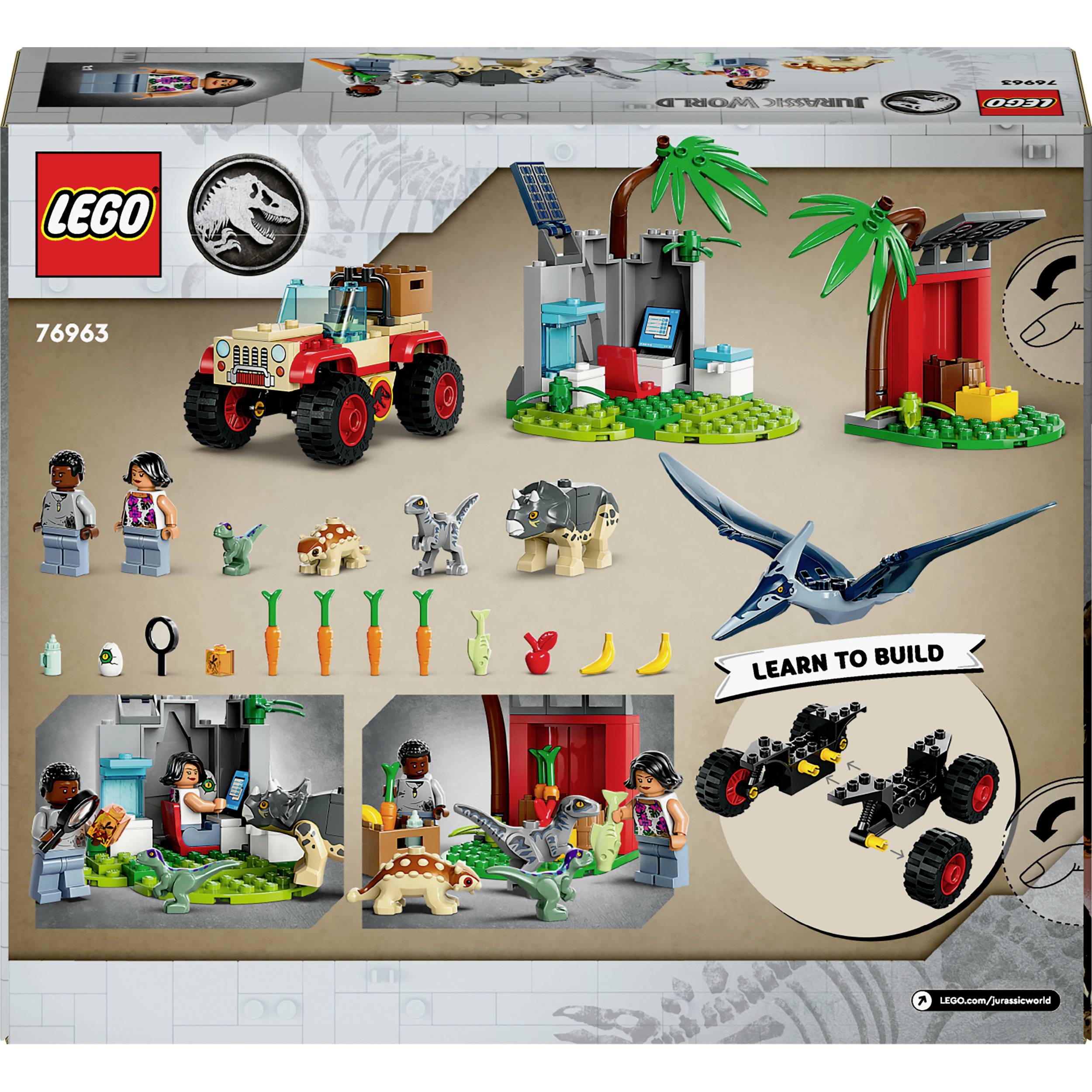 LEGO 'Jurassic World'-Bauset mit Figuren, Fahrzeug, Dinosauriern und Zubehör. Anleitung 'Learn to build'. Kreative Spielszenen.