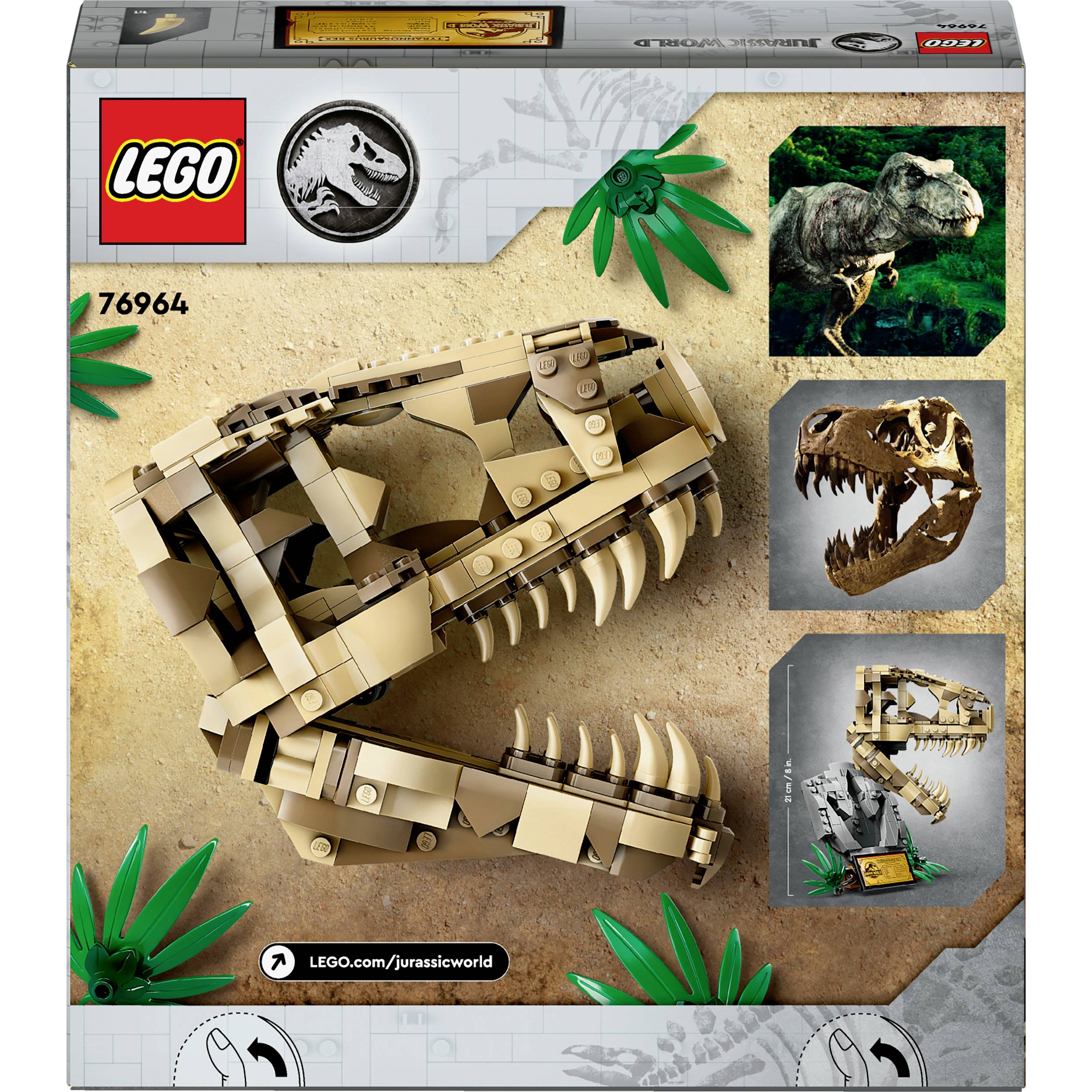 LEGO-Bauset von Jurassic World, zeigt einen Dinosaurierschädel aus LEGO-Steinen mit Bildern eines T. Rex und des fertigen Modells.