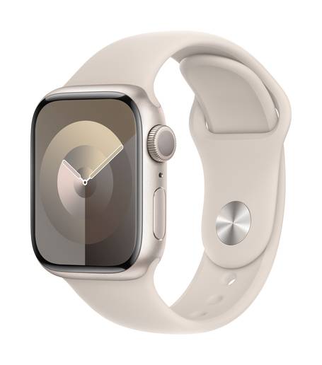 Apple Watch Series 9 im 41-mm-Aluminiumgehäuse und mit Sportband in der Farbe Starlight