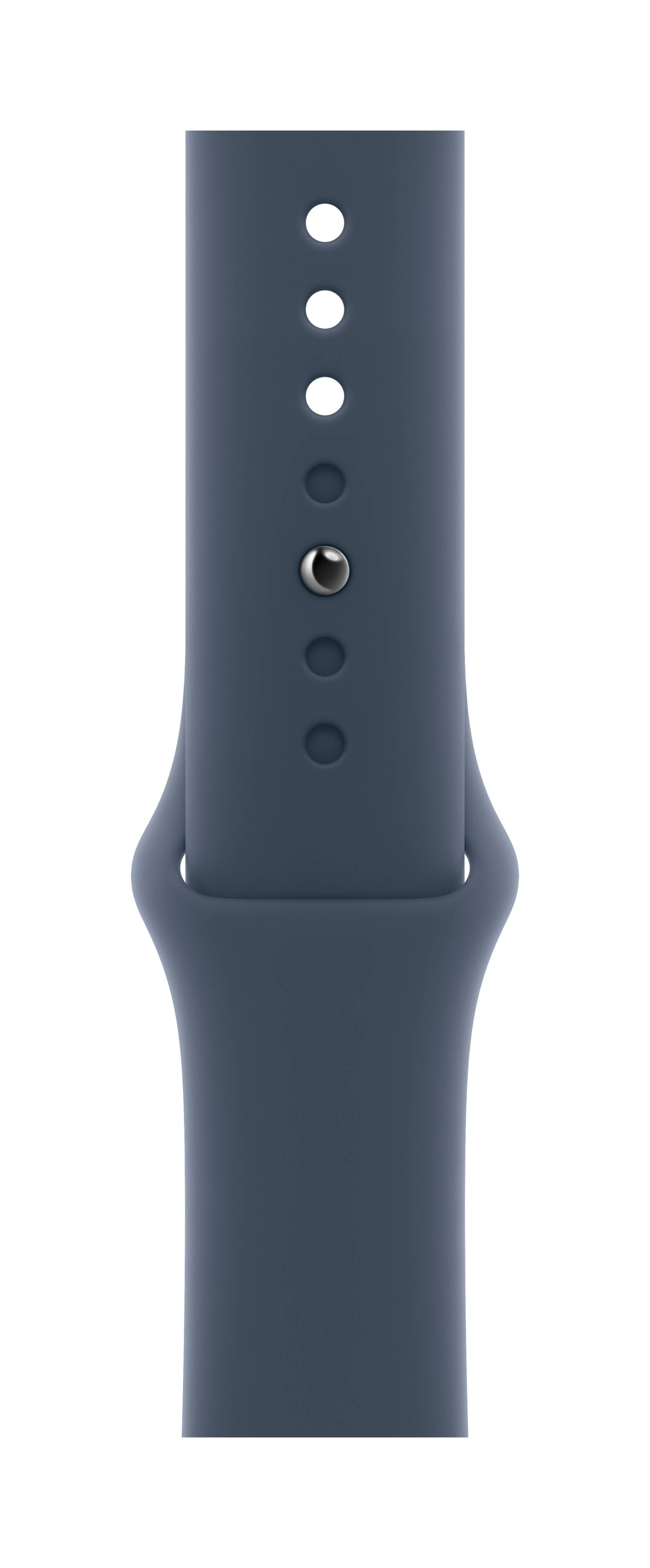 Ein blaues Uhrenarmband mit mehreren Löchern zur Größenanpassung und einem Metallstift zum Verschließen.