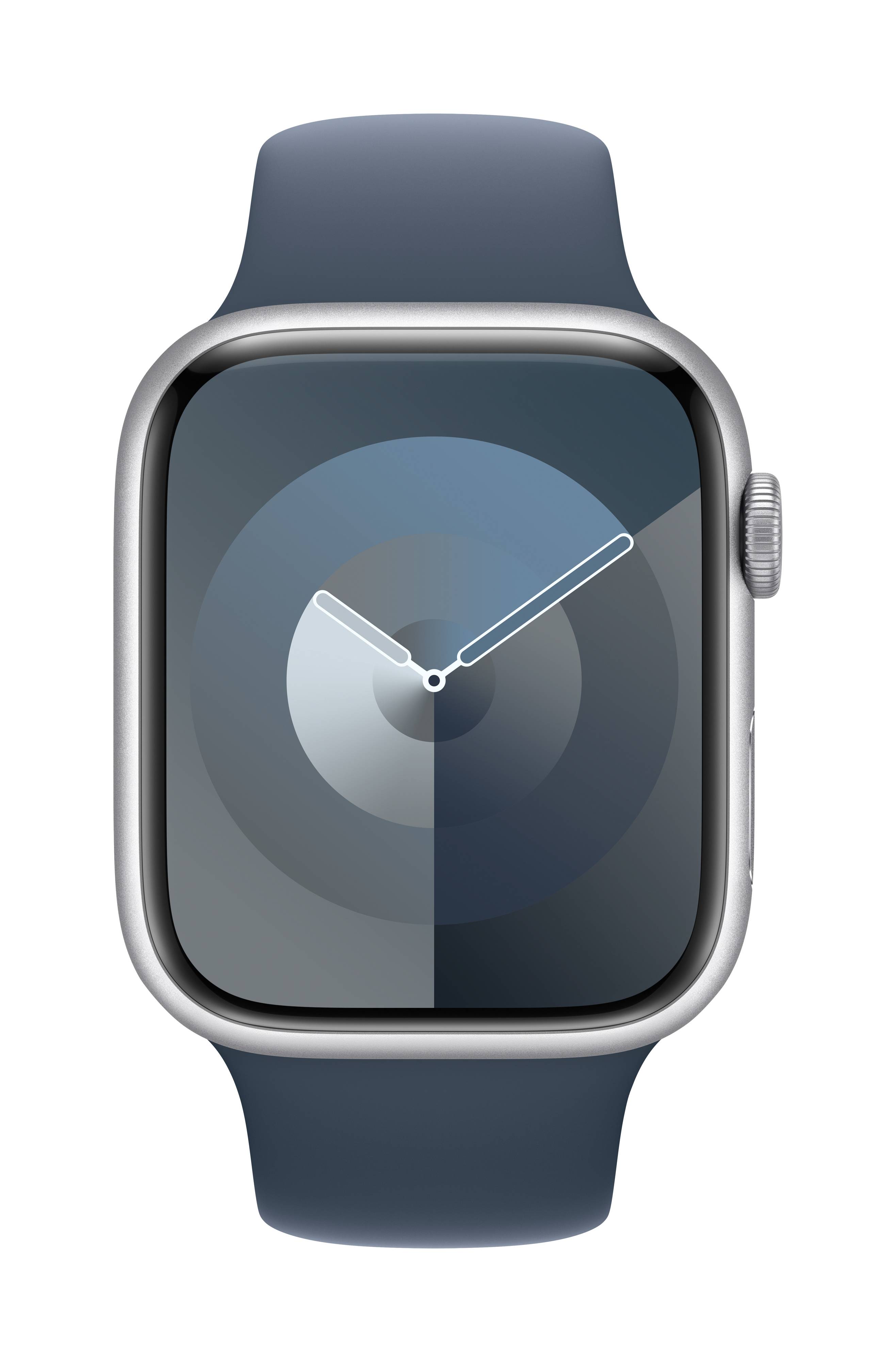 'Smartwatch mit blauer Anzeige, die analoge Uhrzeit anzeigt. Minimalistisches Design mit silbernem Gehäuse und dunkelblauem Armband.'