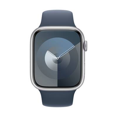 'Smartwatch mit blauer Anzeige, die analoge Uhrzeit anzeigt. Minimalistisches Design mit silbernem Gehäuse und dunkelblauem Armband.'