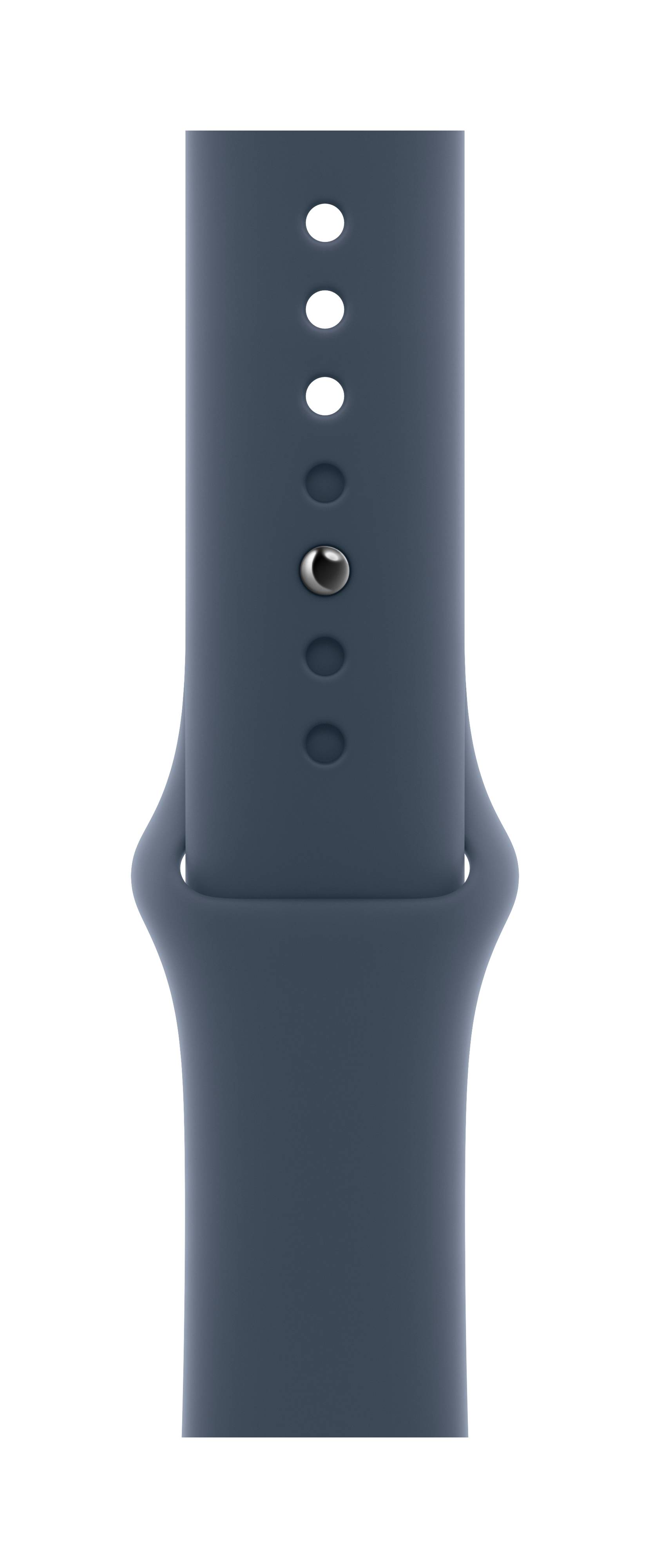 Ein blaues Uhrenarmband mit mehreren Einstelllöchern und einem silbernen Verschluss.