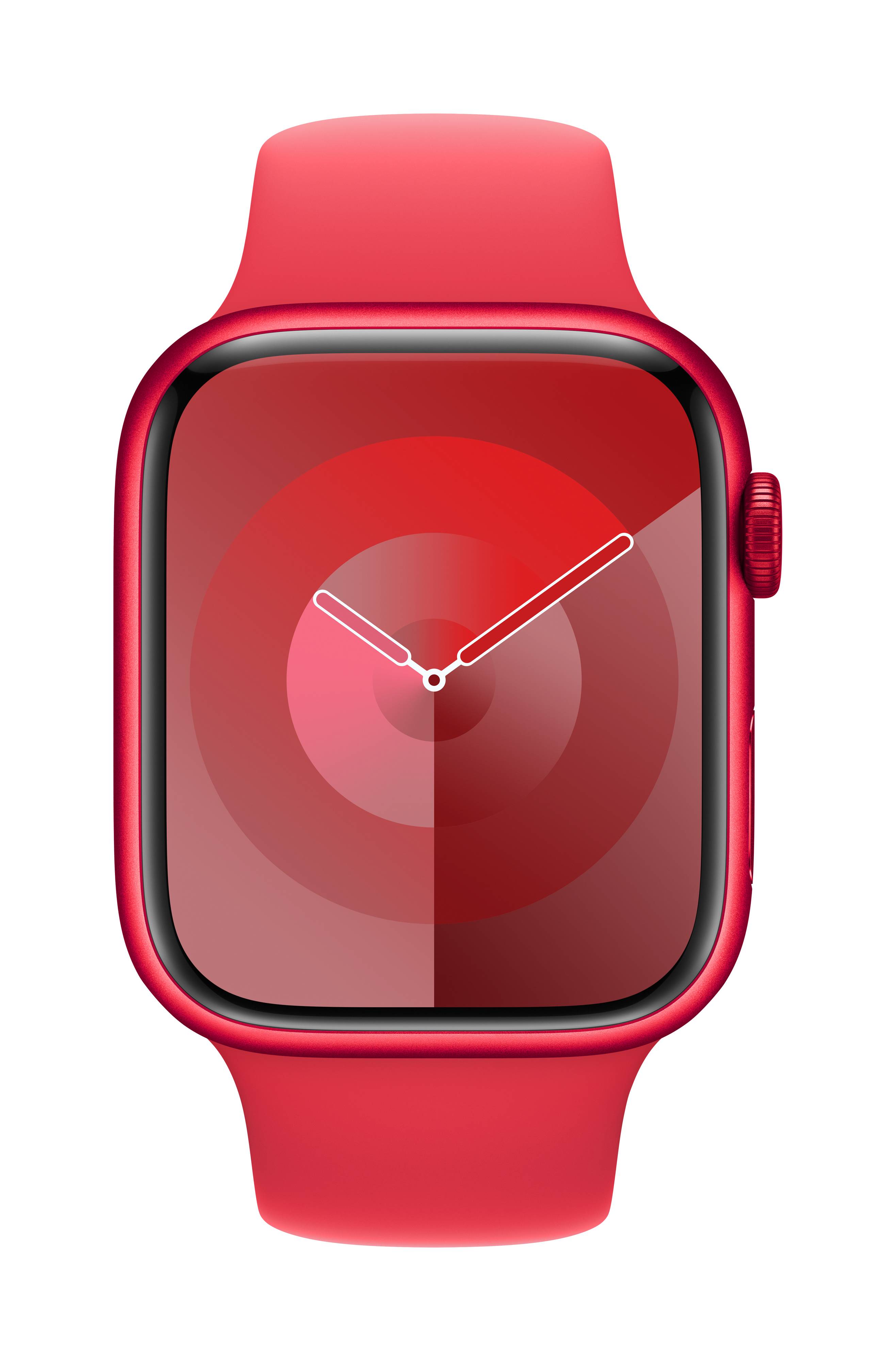 Eine rote Smartwatch zeigt eine analoge Uhrzeitanzeige.