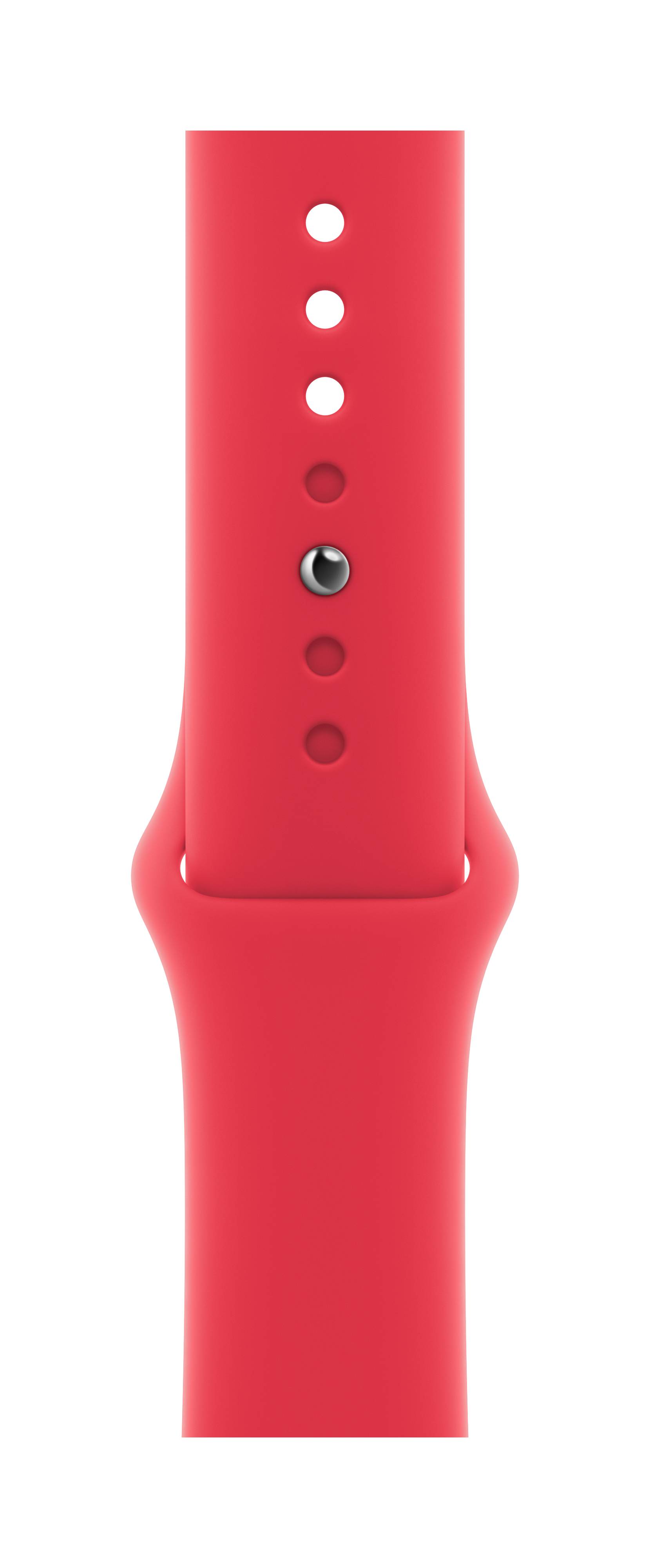 Ein rotes Armband mit mehreren Löchern und einem Metallstift zur Größenanpassung.