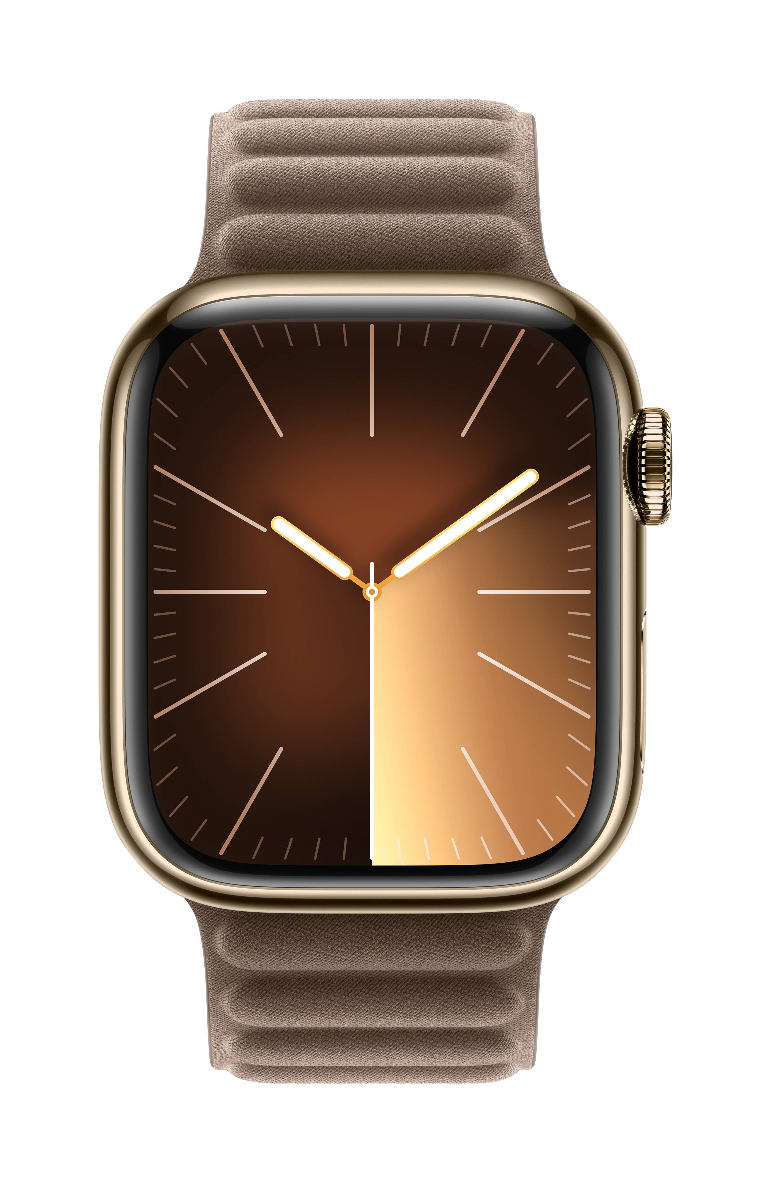 Smartwatch mit braunem Lederarmband und Zifferblatt, das einen Farbverlauf von Dunkelbraun zu Gold zeigt.
