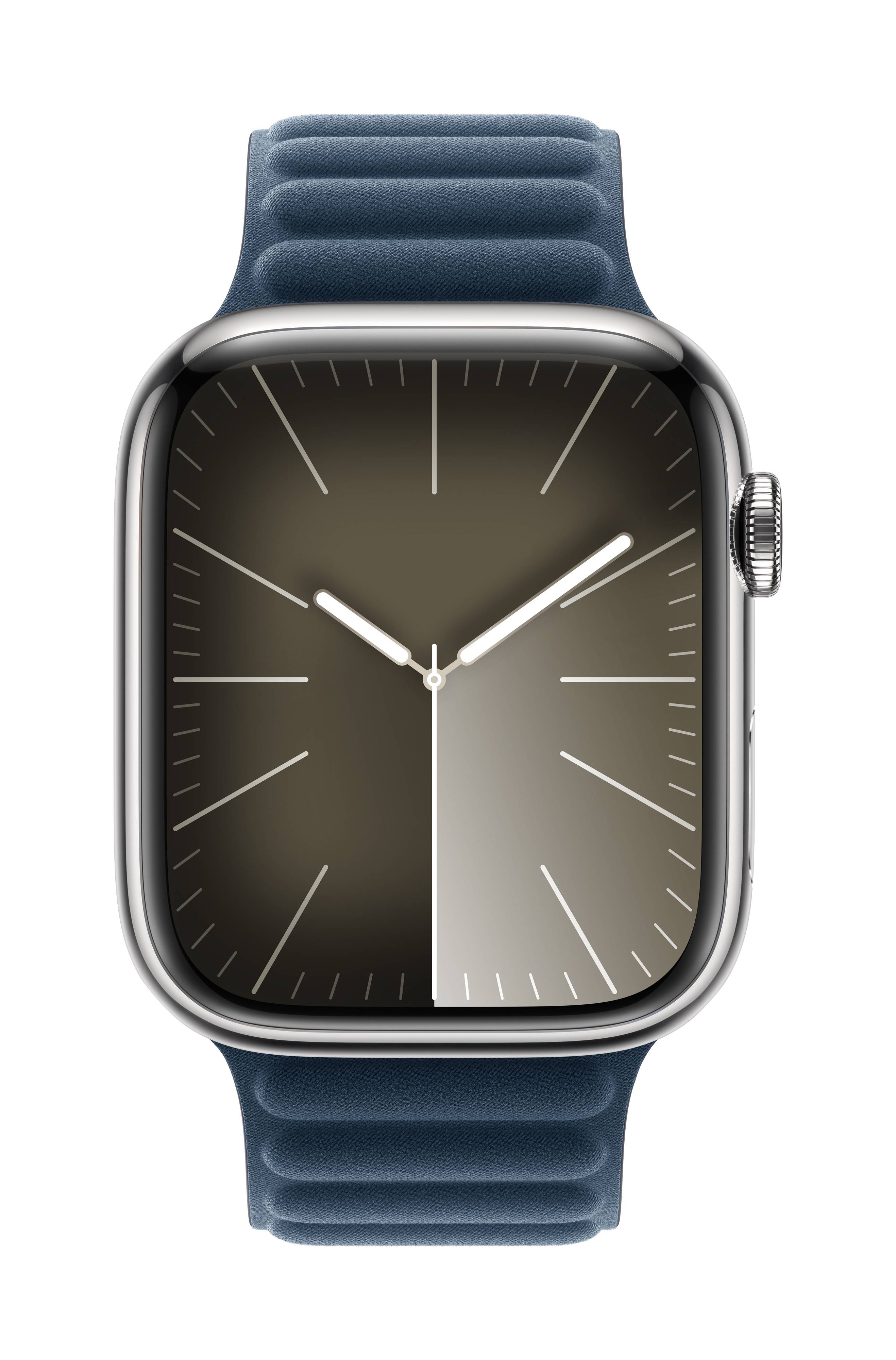 Eine Smartwatch mit blauem Armband und einem schlichten, analogen Zifferblatt mit Minuten- und Stundenzeiger in Weiß.