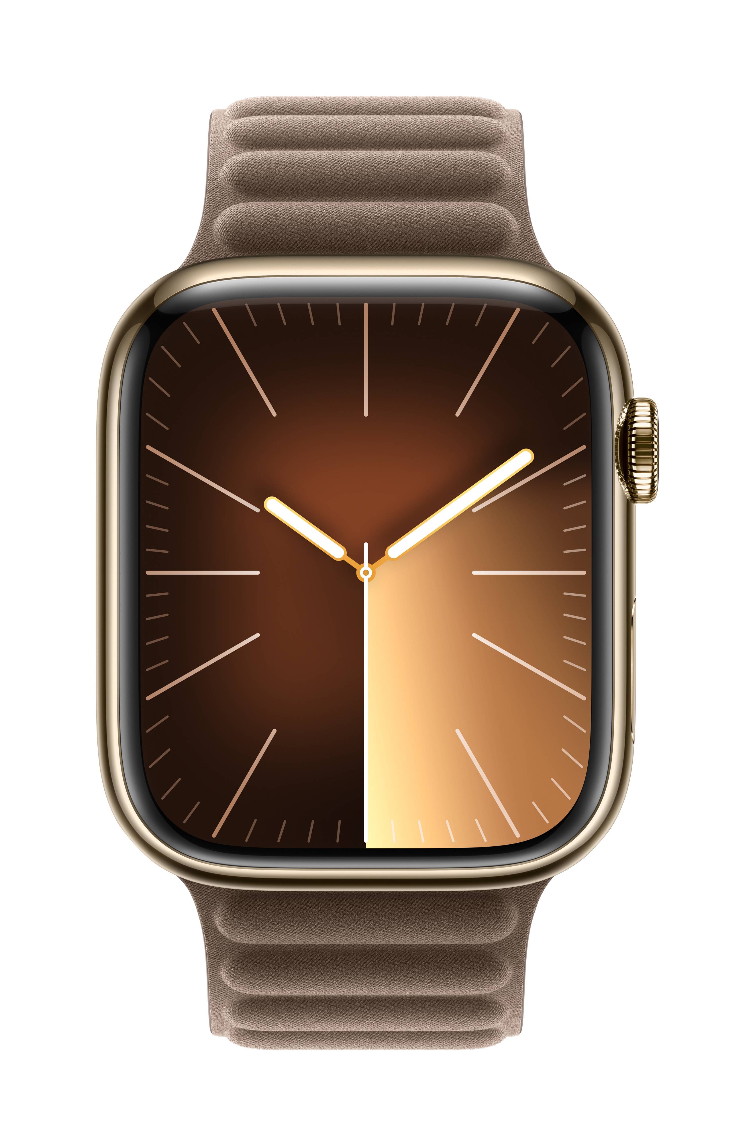 Smartwatch mit goldenem Gehäuse und braunem Armband, zeigt eine analoge Uhr mit goldenen Zeigern vor einem braun-goldenem Zifferblatt.