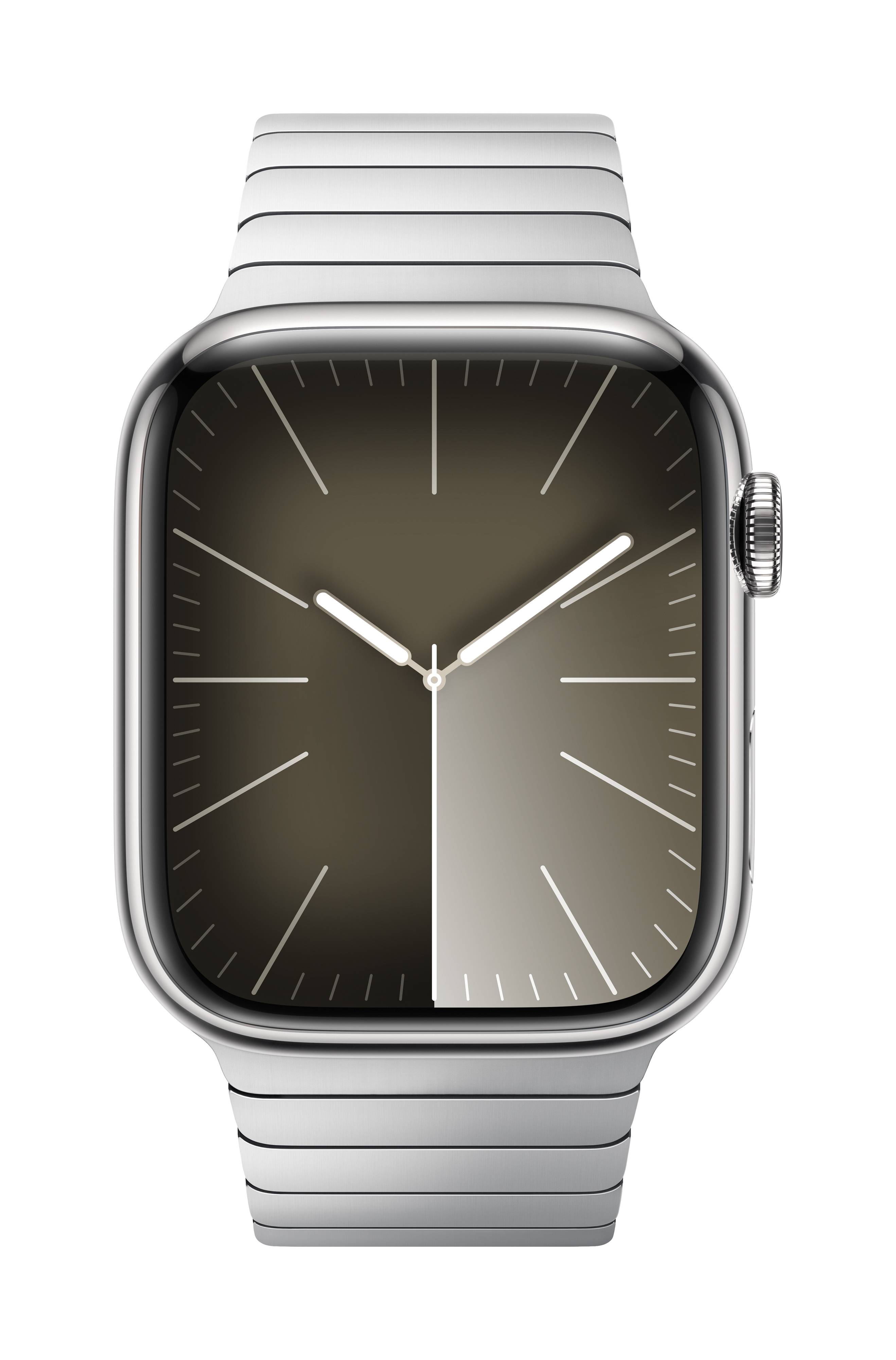 Silberne Smartwatch mit rechteckigem Zifferblatt, zwei Zeigern und einem Armband. Sie zeigt die Zeit, ohne weitere Anzeigen.