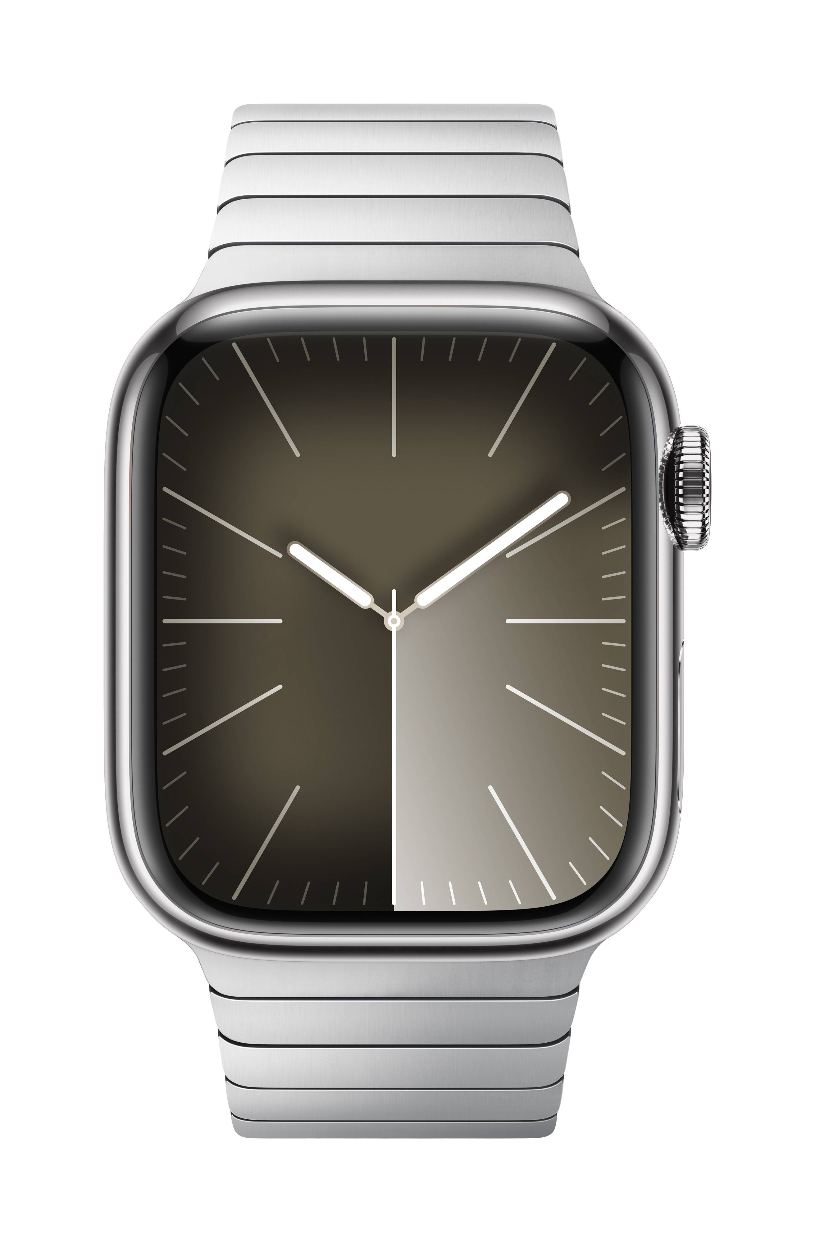 Eine Smartwatch mit silbernem Metallarmband und einem dunklen Zifferblatt, das stilisierte, weiße Zeiger und Markierungen zeigt.