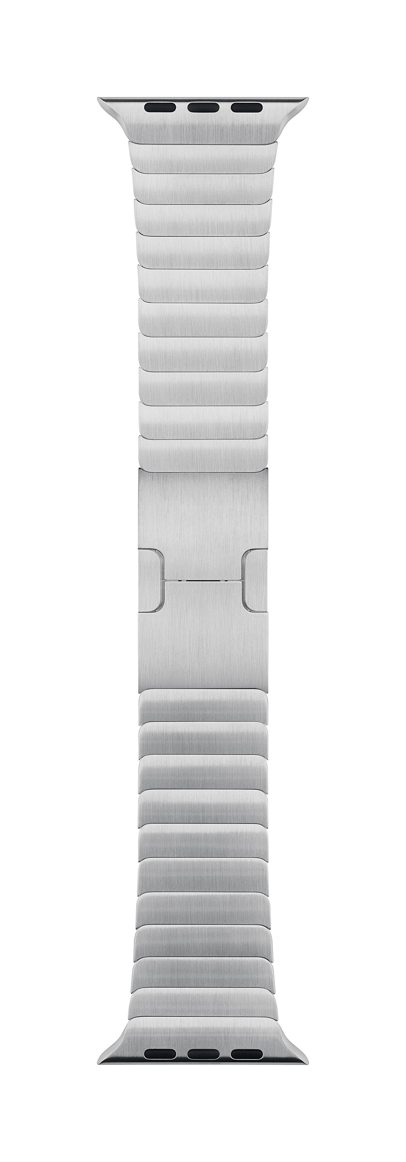 Ein silbernes Metallarmband mit einem Kettenglied-Design, geeignet für eine Smartwatch.