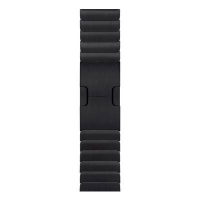 Schwarzes Gliederarmband mit sichtbarer Verschlussschnalle in der Mitte.