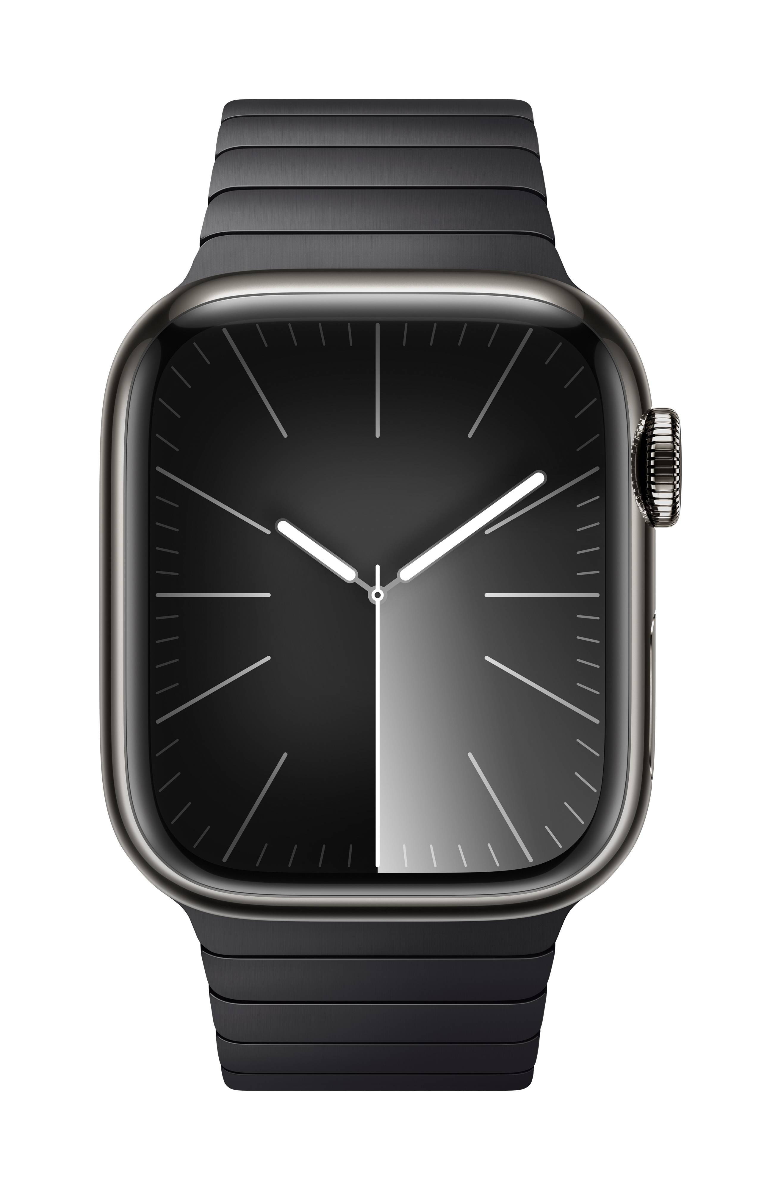 Smartwatch mit analogem Zifferblatt und schwarzem Armband, zeigt 10:10 Uhr an. Schlichtes Design mit Edelstahlgehäuse.