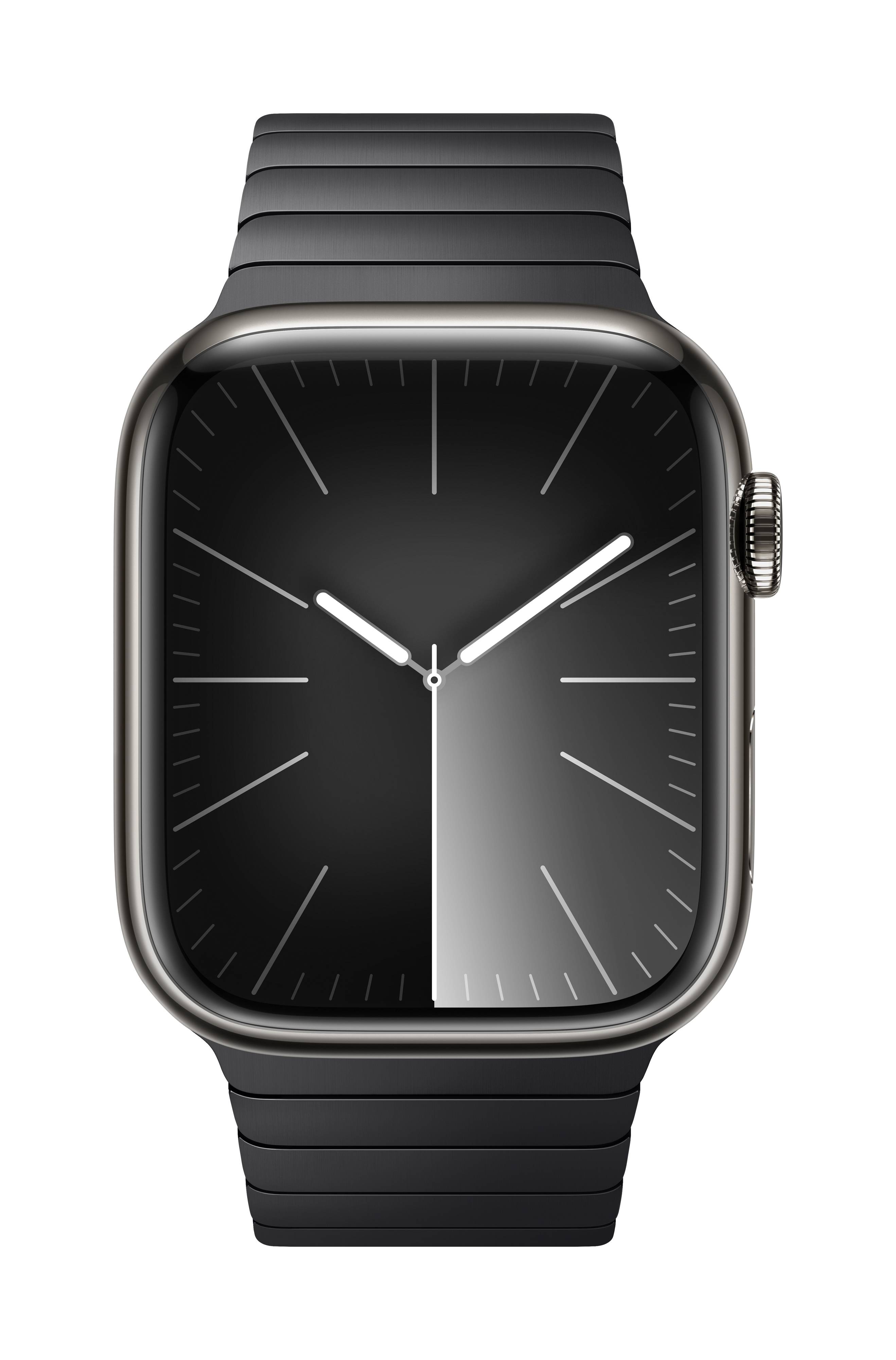 Schwarze Smartwatch mit rechteckigem Display, analogem Ziffernblatt und silbernem Gehäuse. Armband in schwarz-grauer Farbe.