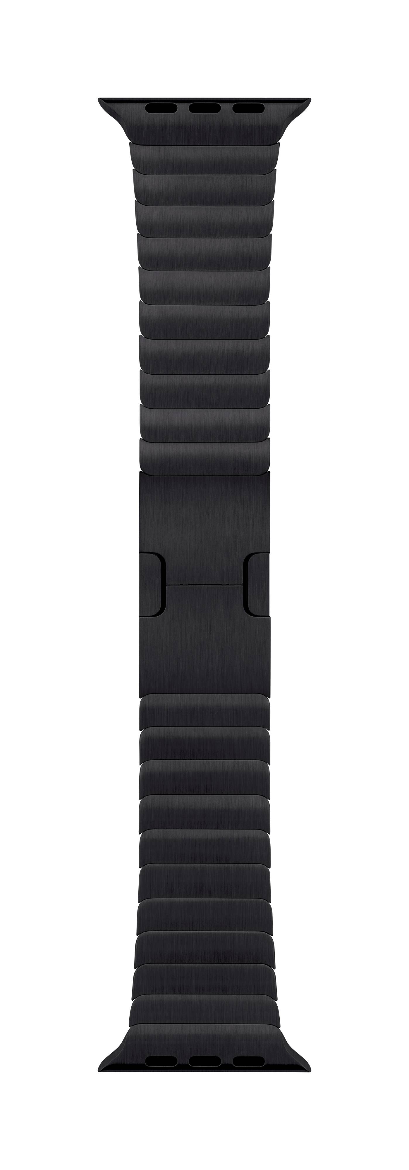 Ein schwarzes Armband aus Leder mit Magnetverschluss, passend für eine Smartwatch. Elegantes und modernes Design.