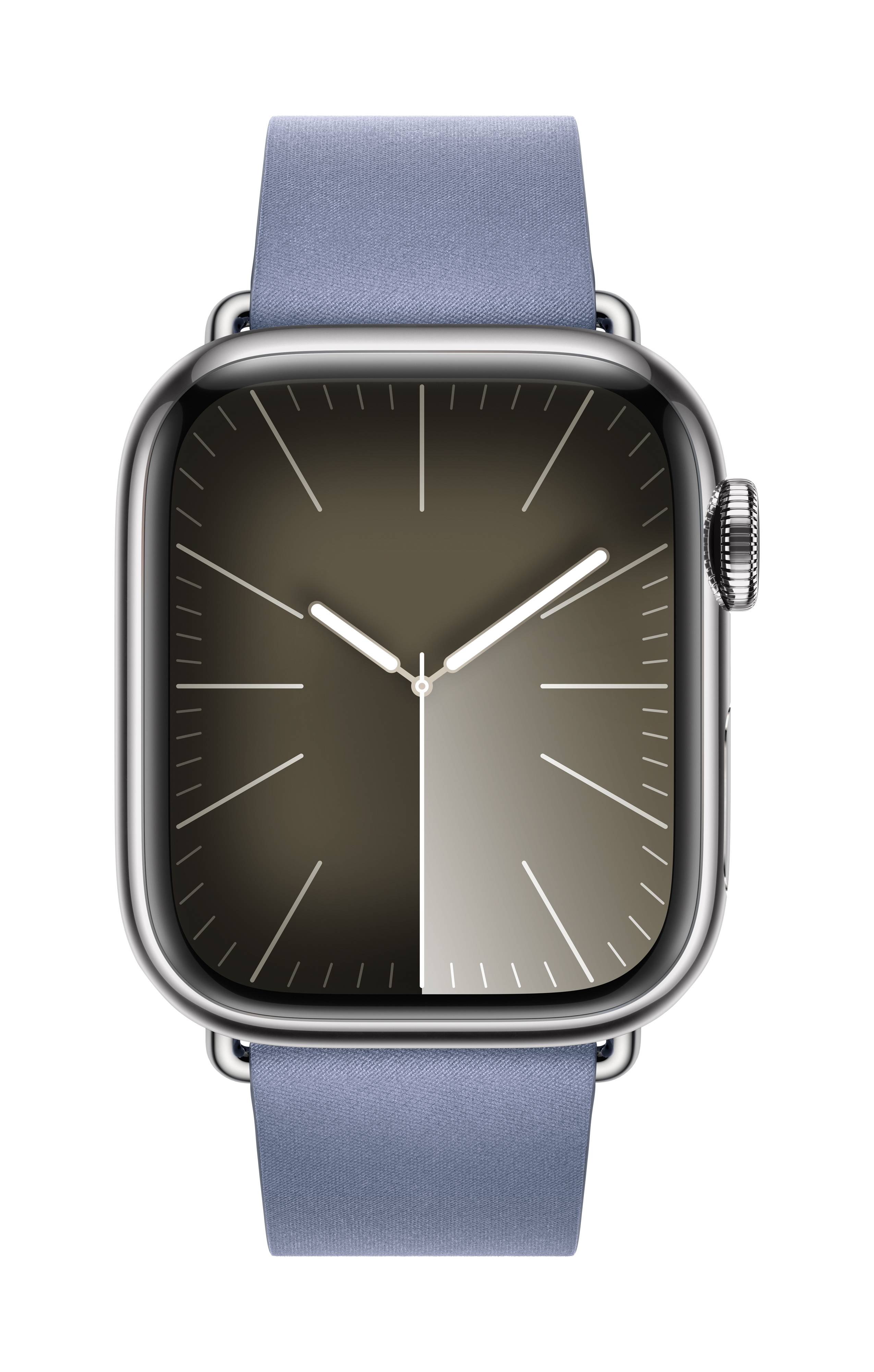 Digitaluhr mit blauem Armband und abgerundeten Ecken, zeigt die Uhrzeit 10:10 an. Modernes Design im Metallgehäuse.
