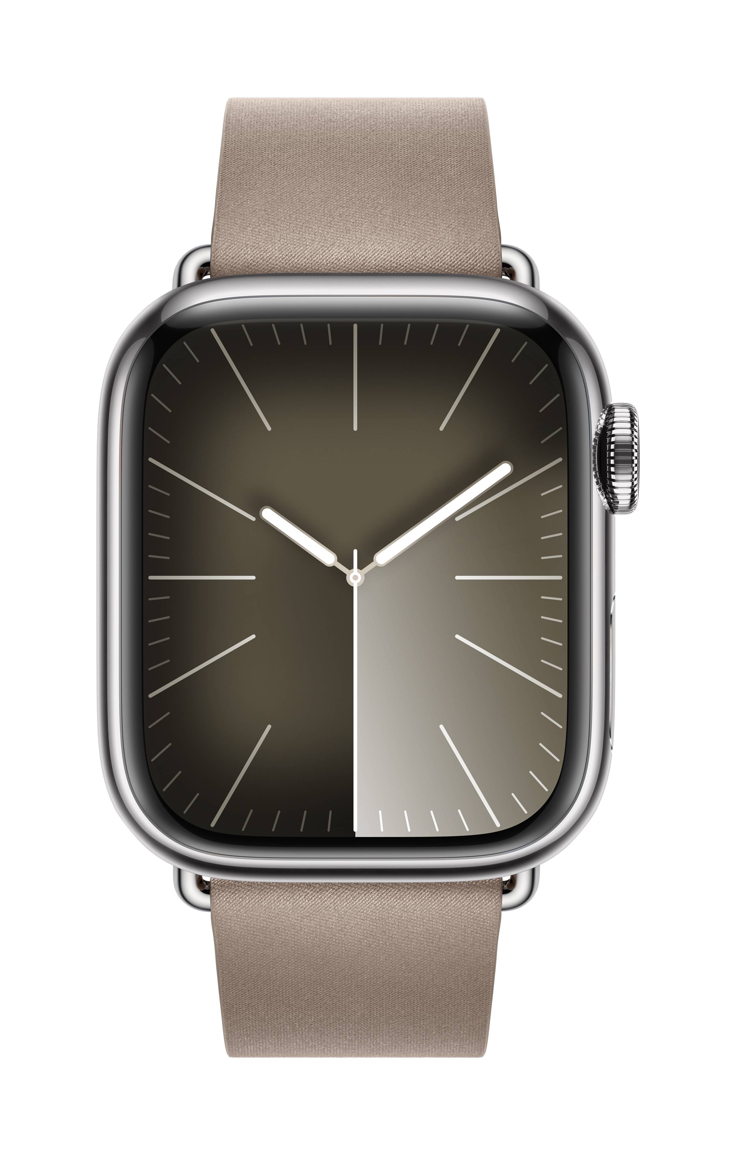 Eine moderne Smartwatch mit braunem Armband und hellbraunem Zifferblatt, das minimalistische weiße Zeiger und Markierungen zeigt.