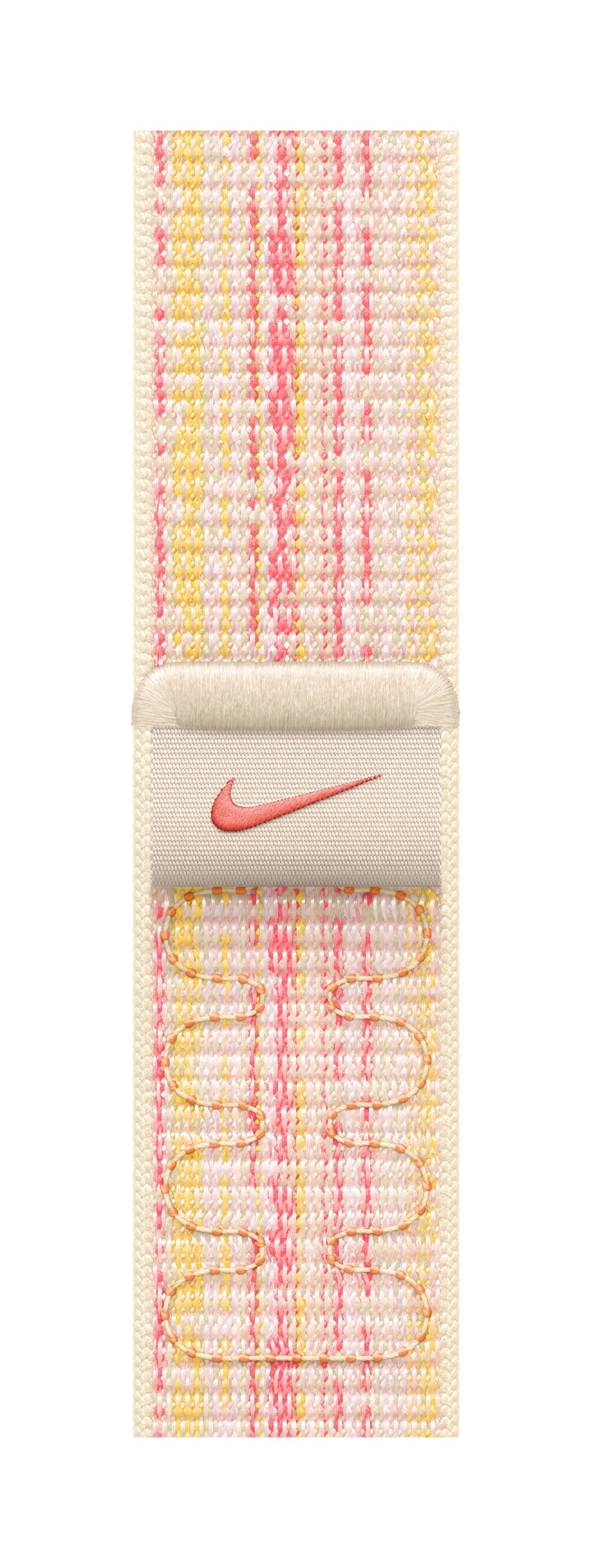 Buntes Armband mit gewebtem Muster in Gelb, Rosa und Weiß, mit einem kleinen orangefarbenen Logo auf der Schnalle.