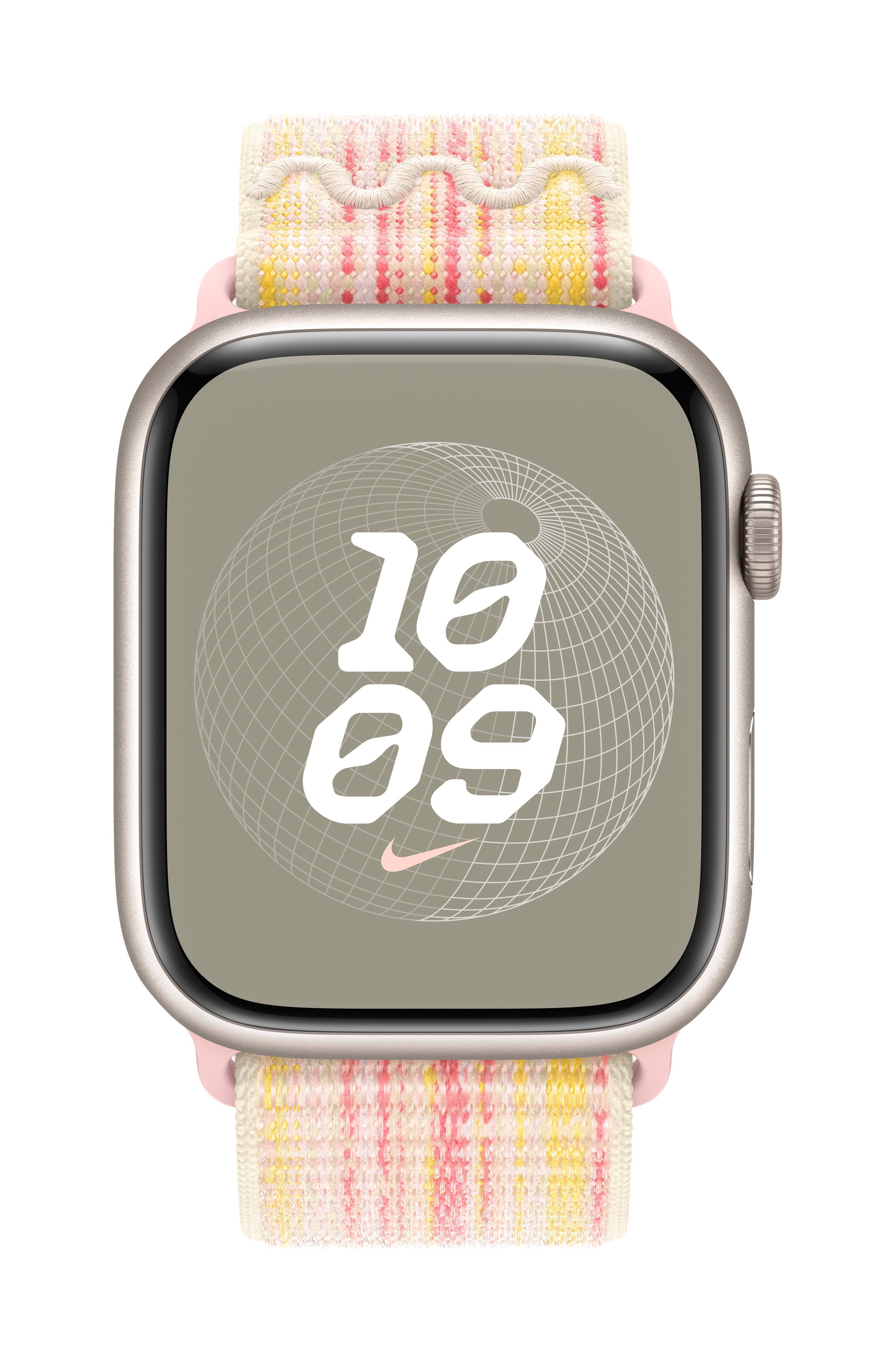 Eine Smartwatch mit rosafarbenem Armband zeigt die Uhrzeit '10:09'. Der Bildschirmhintergrund hat ein geometrisches Muster.