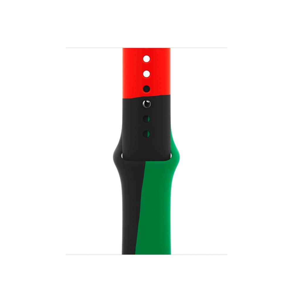 Ein Armband mit drei Farben: oben rot, in der Mitte schwarz und unten grün. Es hat Löcher für die Anpassung der Größe.