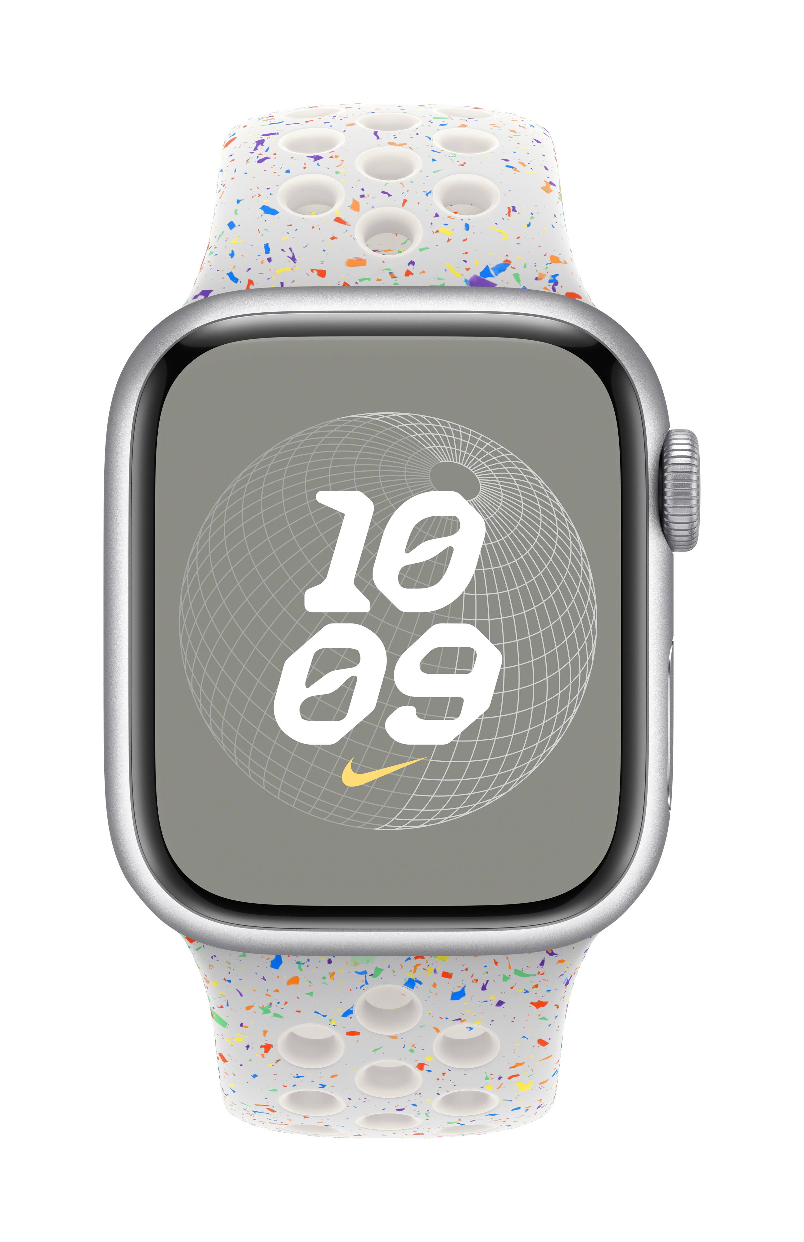 Apple Watch mit grauem Display zeigt die Uhrzeit 10:09 an. Das Armband ist weiß mit bunten Sprenkeln. Nike-Logo sichtbar.