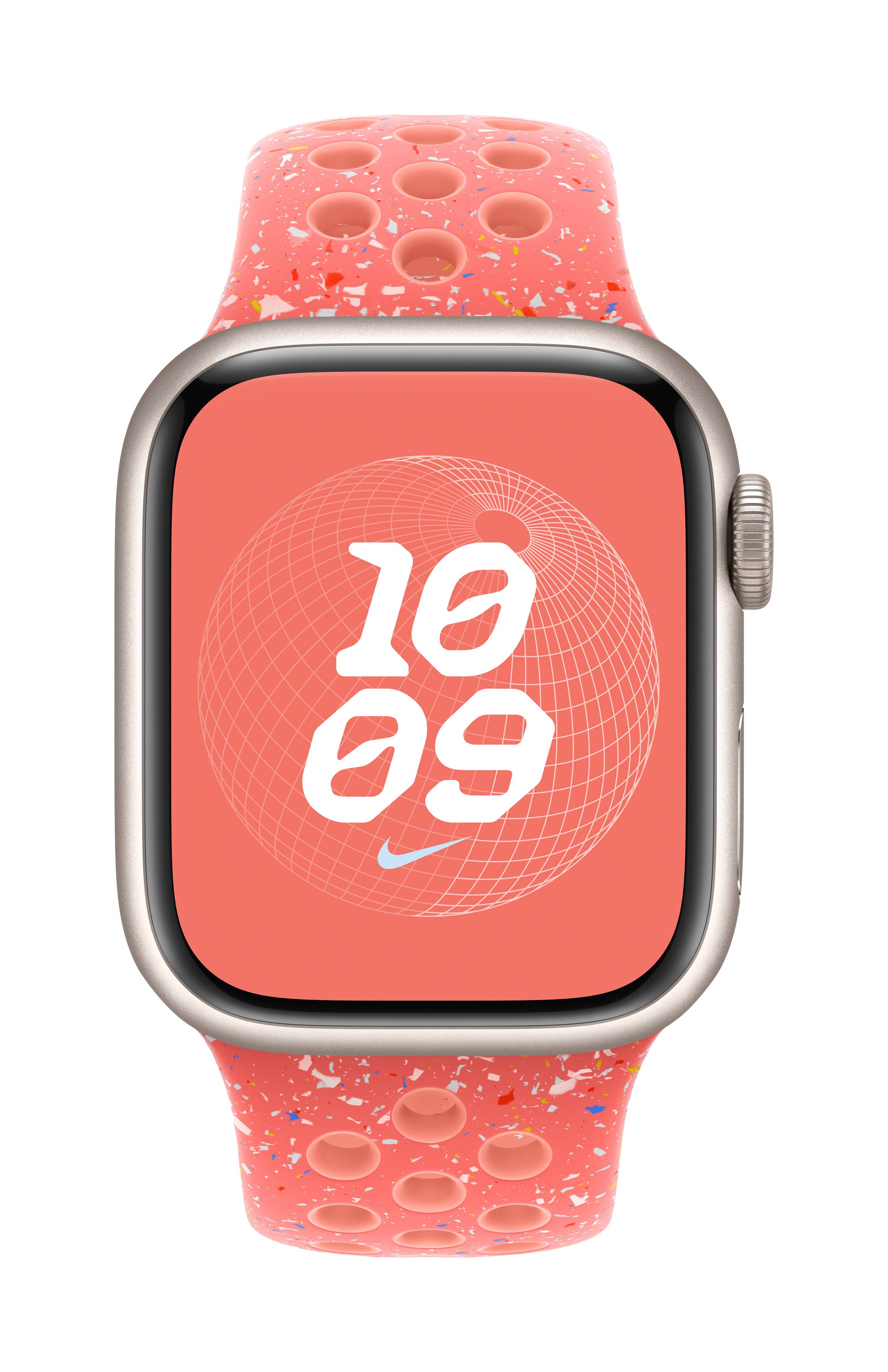 Smartwatch mit orangefarbenem Armband und orangem Hintergrund auf dem Display. Die Uhrzeit '10:09' wird groß angezeigt.