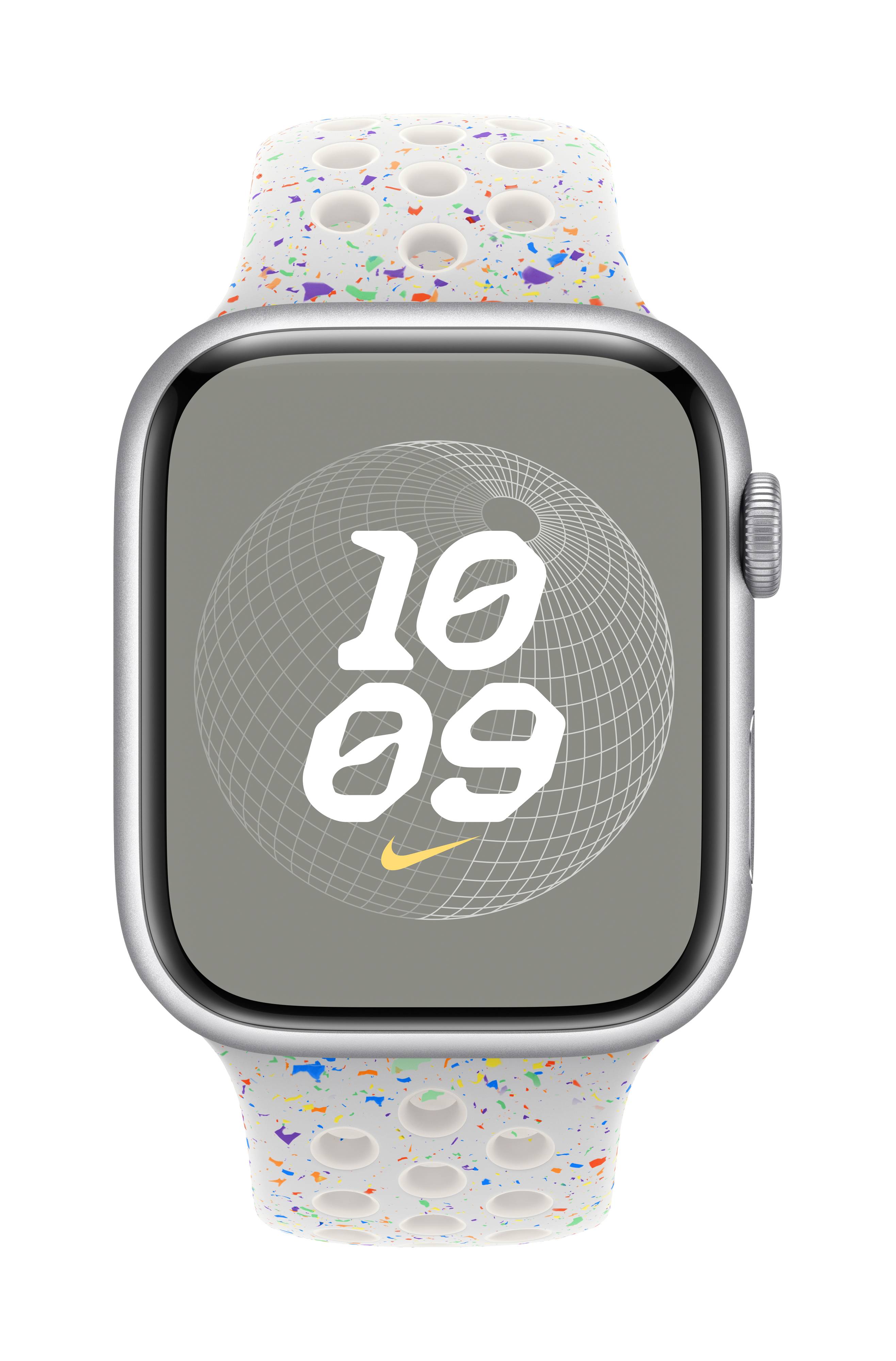 Silberne Smartwatch mit grauem Display, zeigt die Uhrzeit '10:09'. Armband in Weiß mit bunten Sprenkeln und perforiertem Design.
