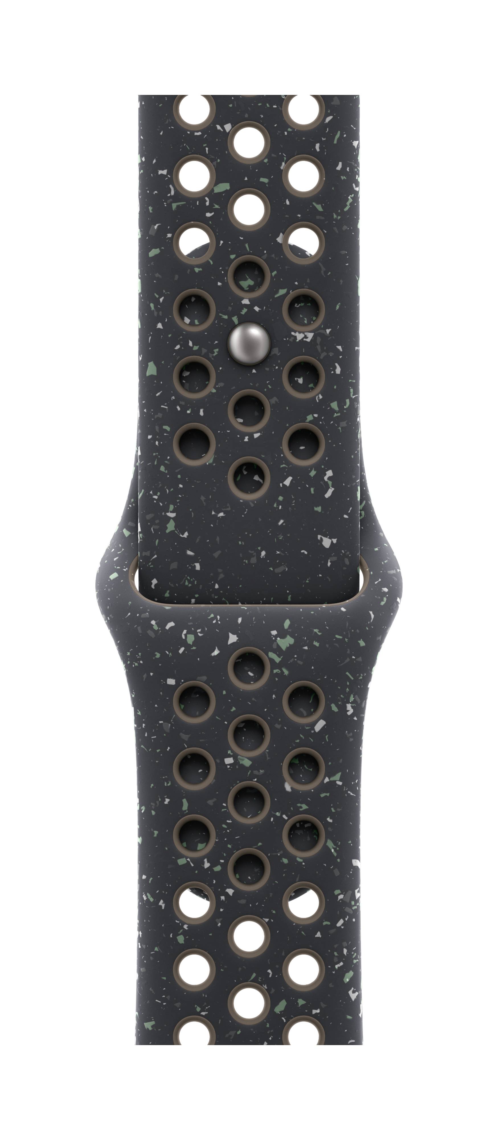 Nahaufnahme eines schwarz gesprenkelten Armbands mit Löchern, passend für eine Smartwatch. Schlichter, sportlicher Stil.