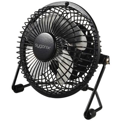 Ein schwarzer Tischventilator mit Metallgitter und dem Markenname 'sygonix' in der Mitte. Der Ventilator steht auf einem Ständer.