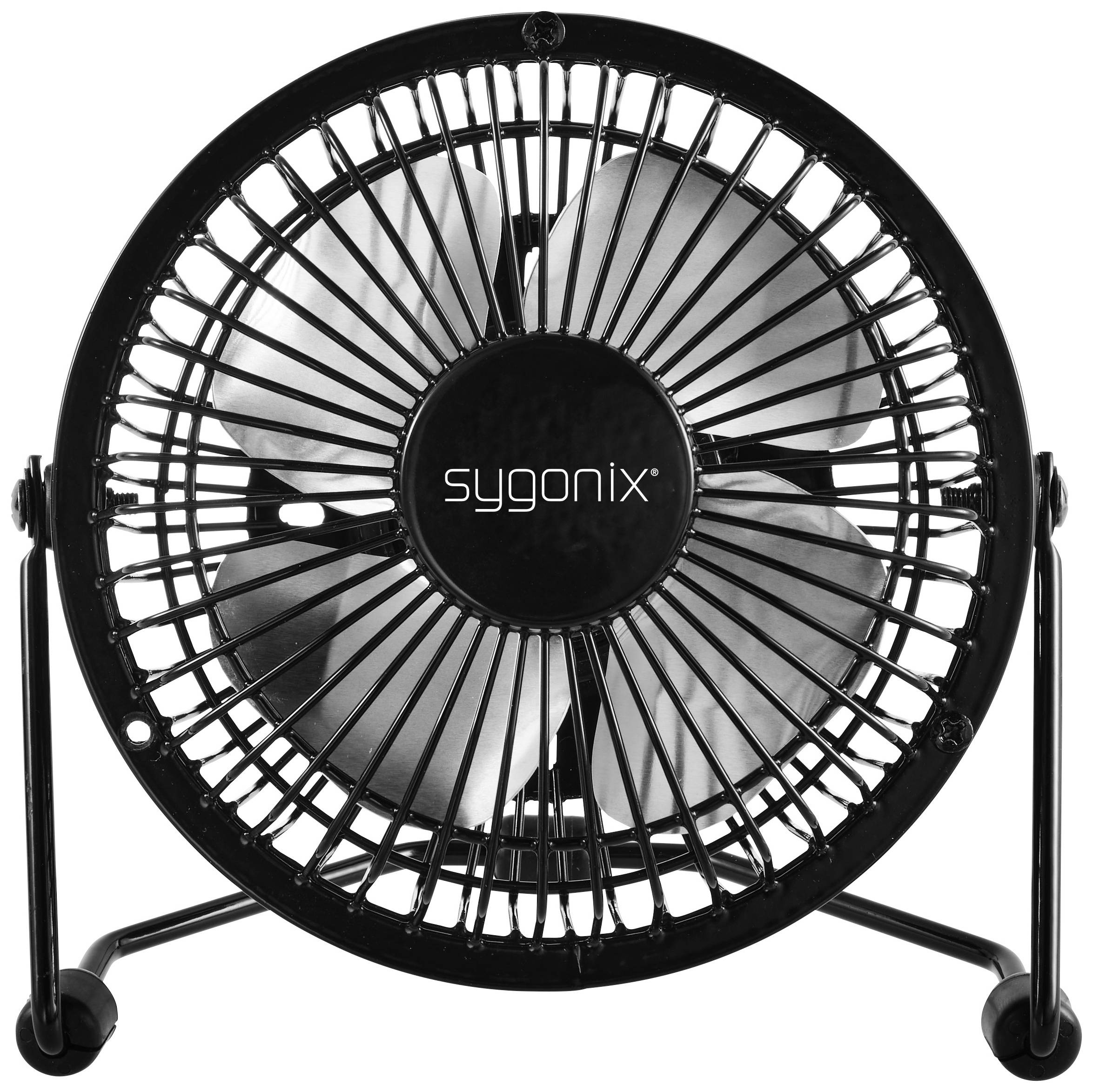 Kleiner, runder Tischventilator mit schwarzem Rahmen und silbernen Flügeln, Marke 'sygonix' auf der Front sichtbar.