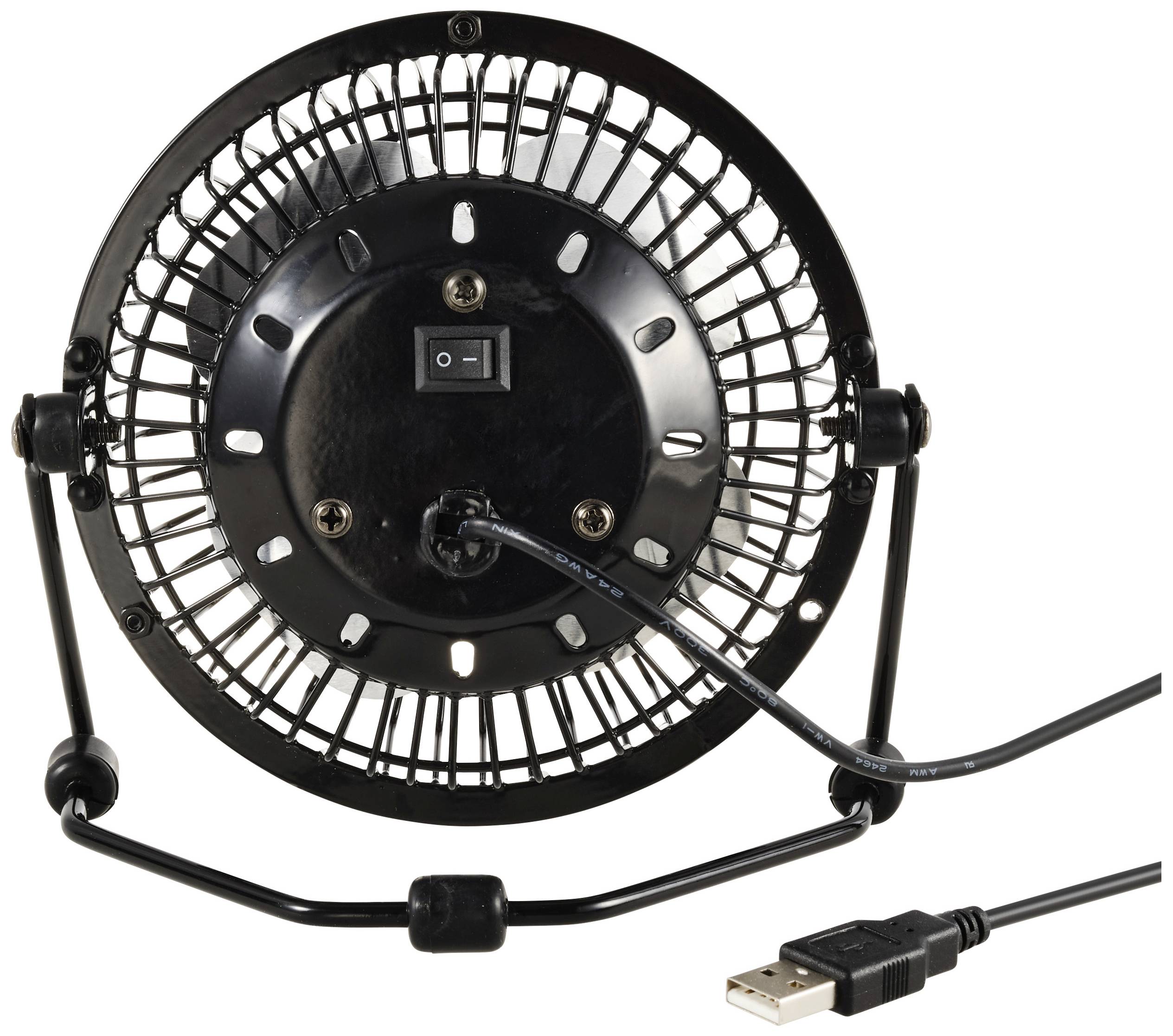Ein schwarzer, runder Tischventilator mit USB-Anschluss und Kippschalter. Der Ventilator ist auf einem stabilen Metallrahmen montiert.