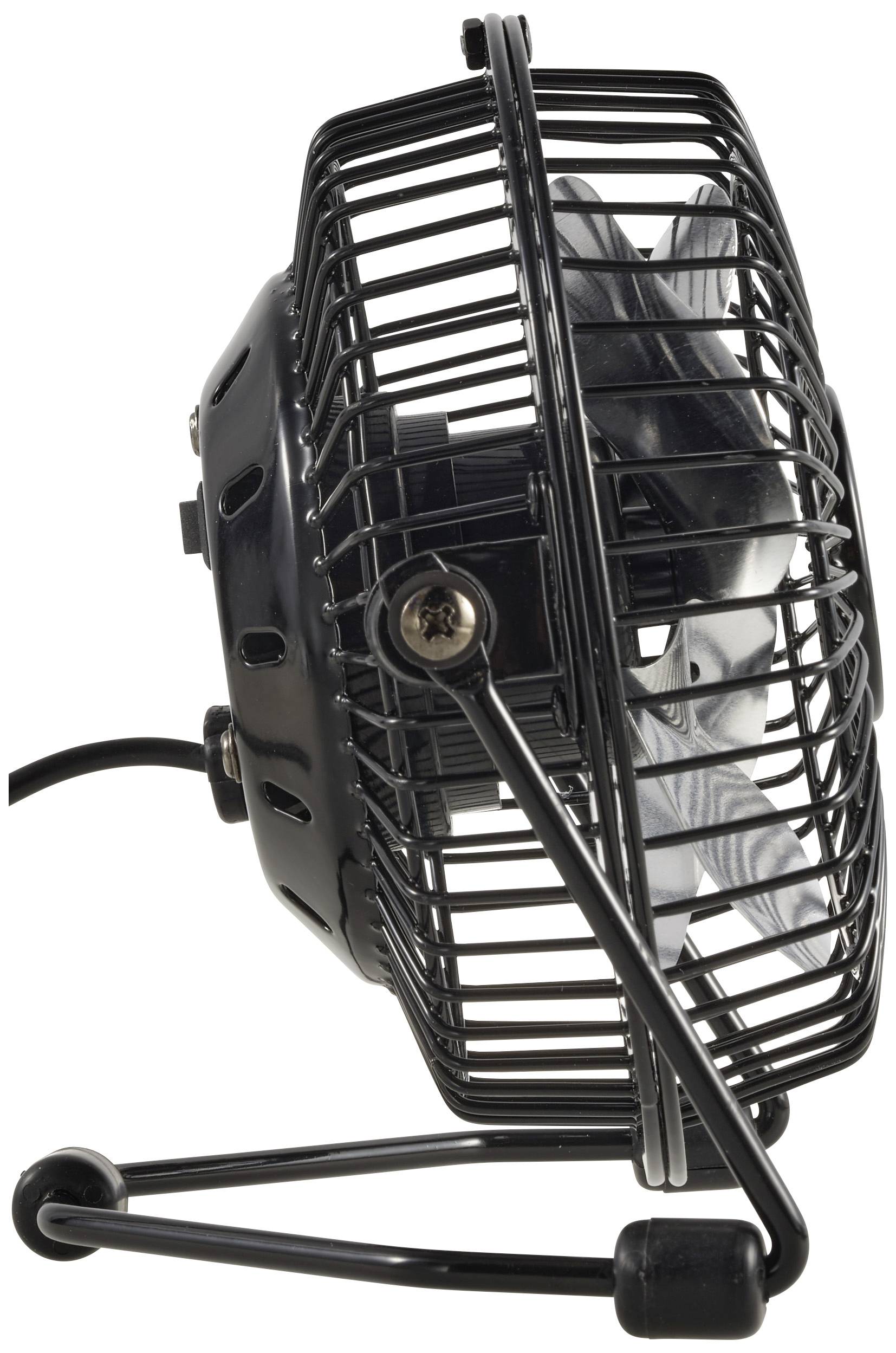Ein kleiner, schwarzer Tischventilator aus Metall, seitlich fotografiert.