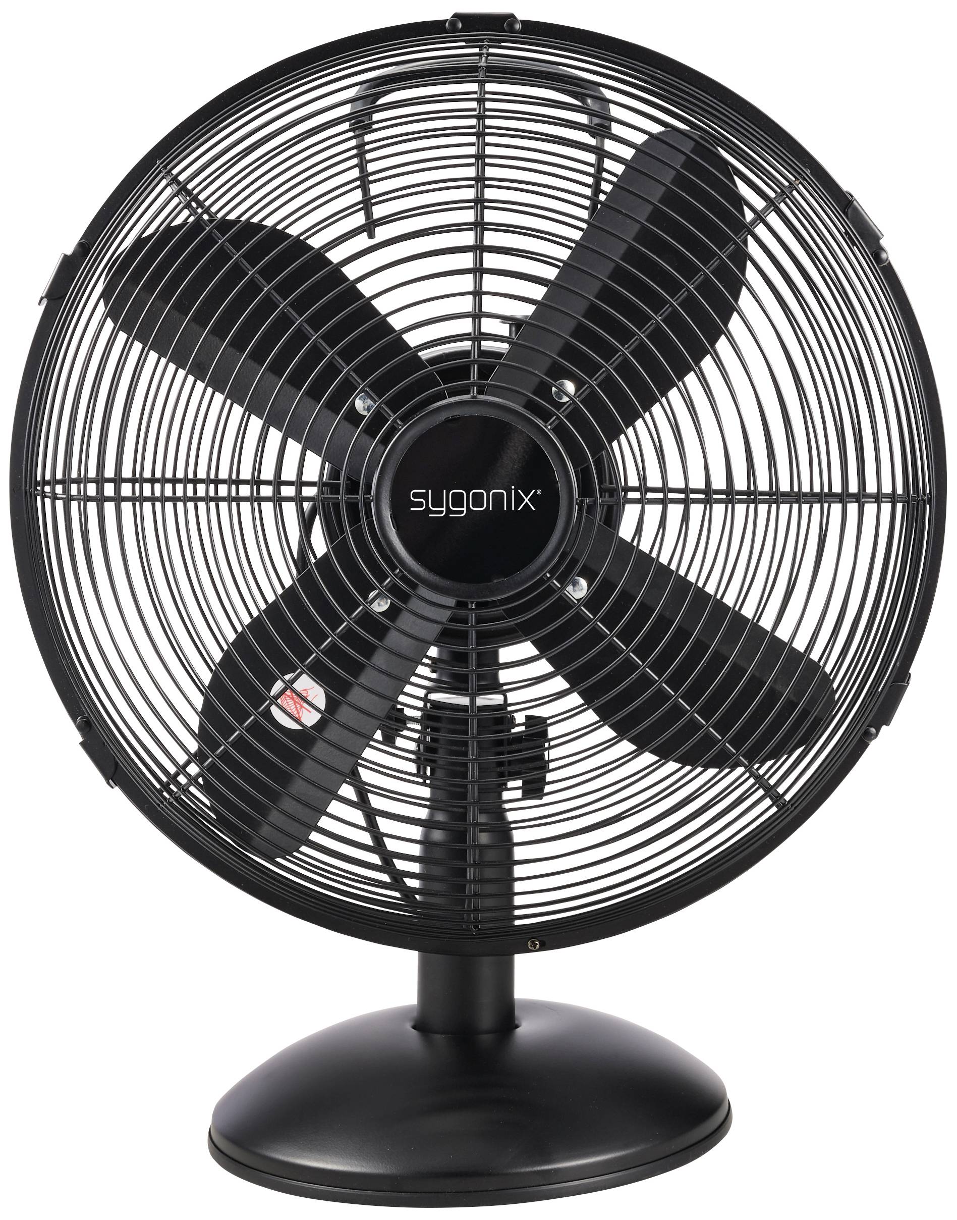 Ein schwarzer Tischventilator mit vier Rotorblättern und einem Schutzgitter, stehend auf einem runden Sockel.