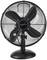 Ein schwarzer Tischventilator mit vier Rotorblättern und einem Schutzgitter, stehend auf einem runden Sockel.