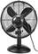 Ein schwarzer Tischventilator mit vier Flügeln und Schutzgitter steht auf einem Tisch. Ein Kabel ist an der Rückseite angeschlossen.