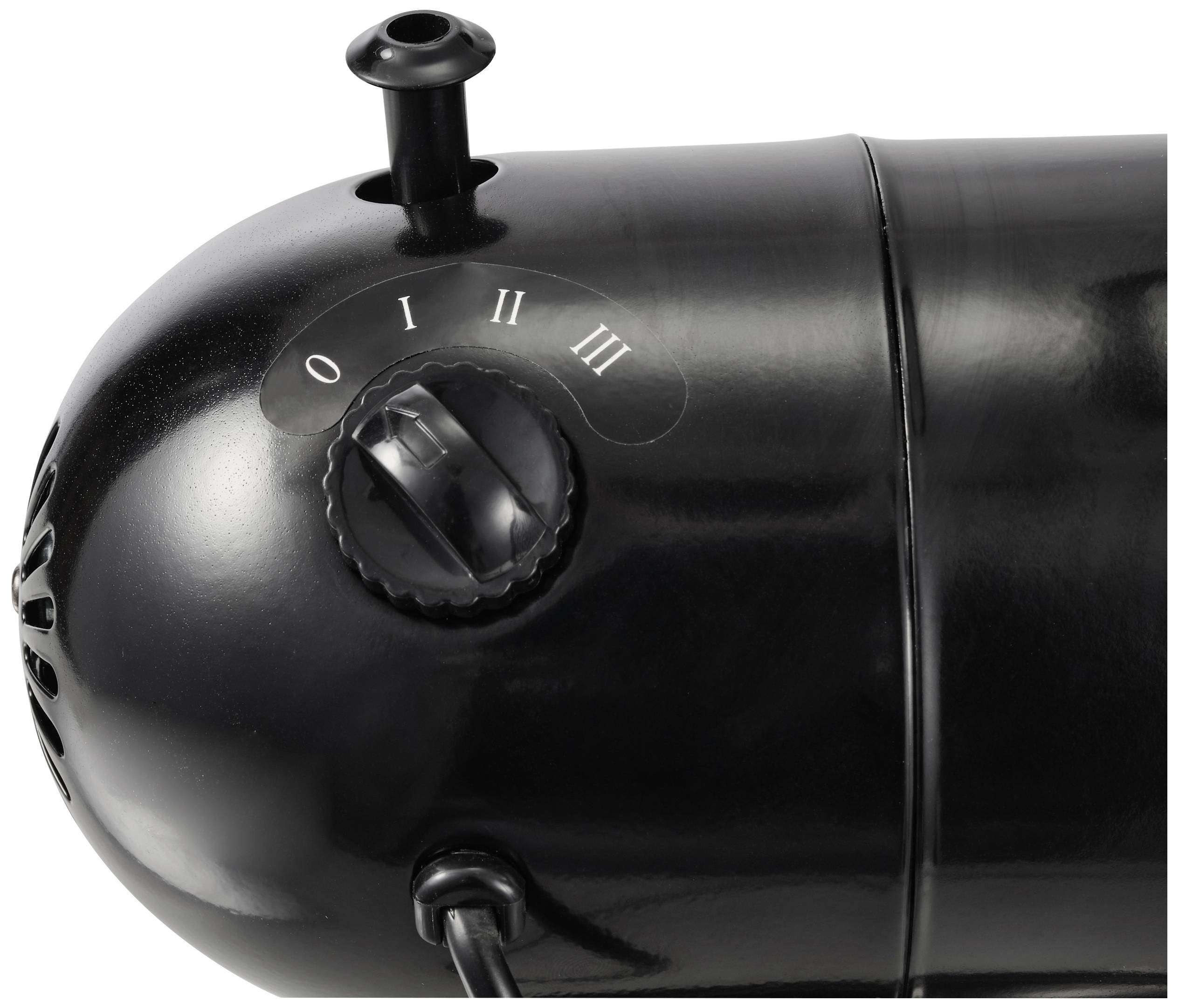 Schwarzes Gerät mit Schalthebel und Einstellrad, beschriftet mit '0', 'I', 'II', 'III'. Möglicherweise ein Ventilator oder Heizungselement.
